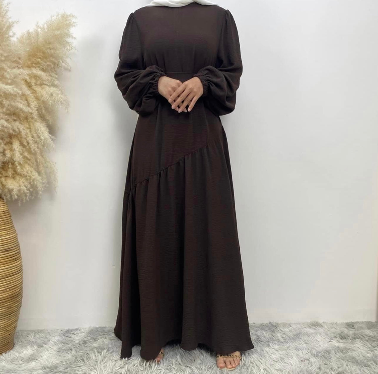 Elegant Front Ruffle Abaya Dress in Coffee Brown - Perfect for Ramadan, Eid, and Special Occasions