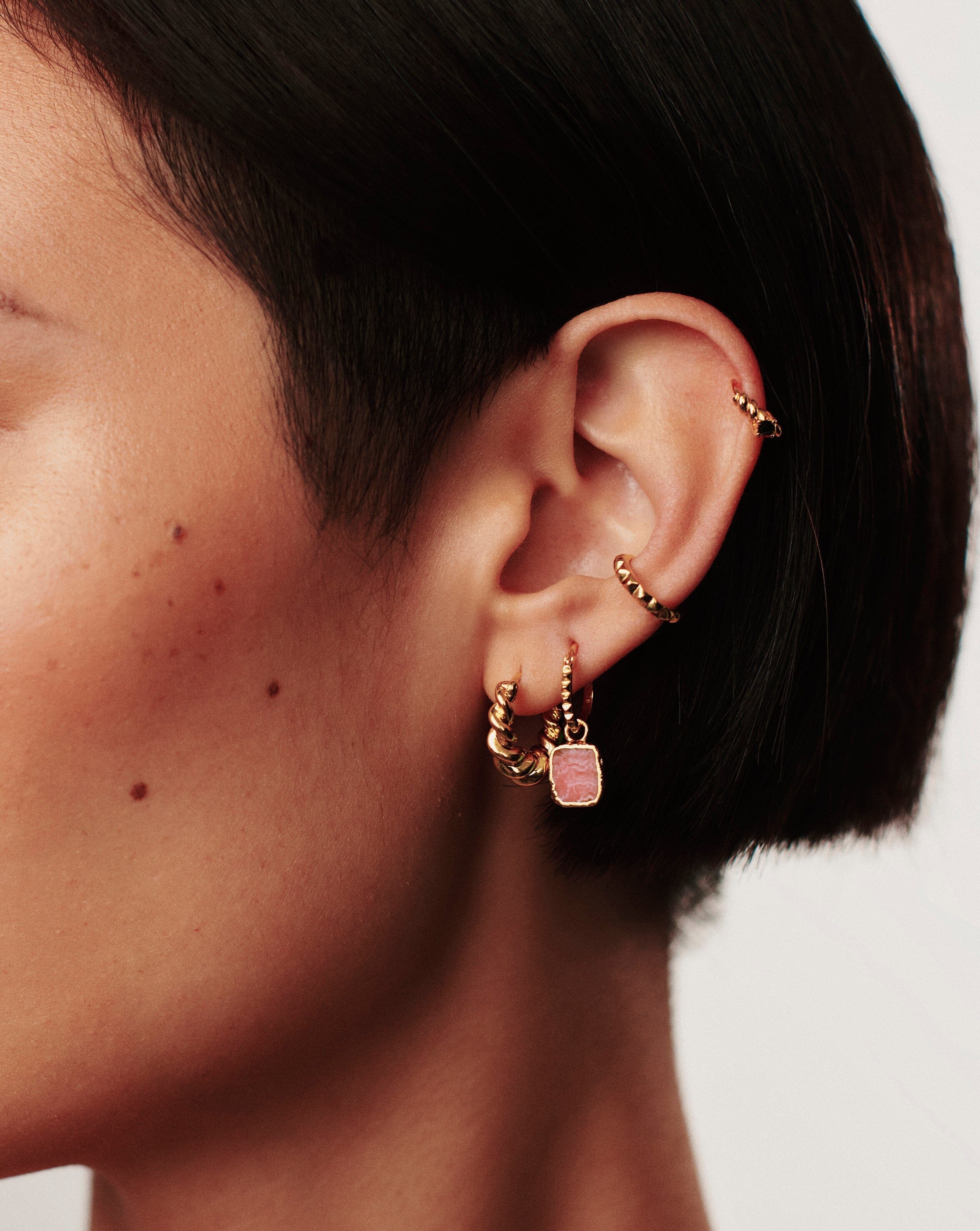 Mini Pyramid Charm Hoop Earrings - 18k Gold Vermeil & Rhodochrosite Gemstone Dangle Earrings for Women | Trendy Boho Jewelry Gift for Everyday Wear, Date Night & Special Occasions