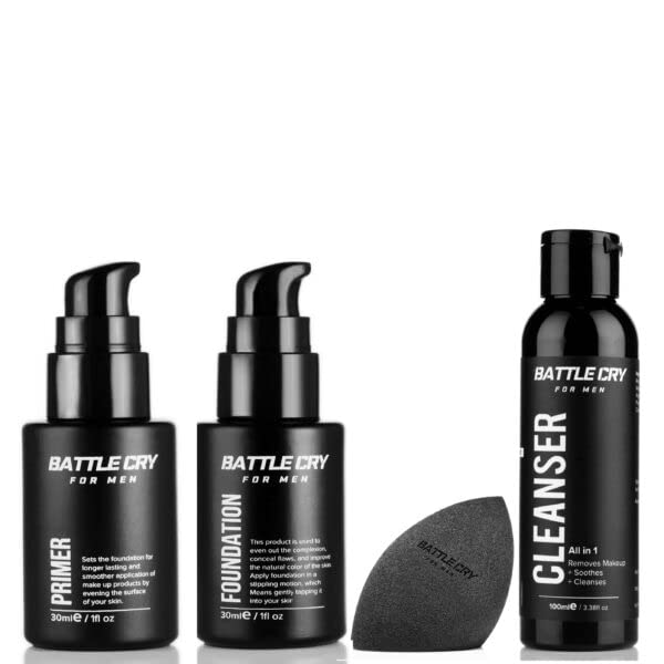 Battle Cry Men's Makeup Kit - Lightweight Liquid Foundation with Sponge, Face Cleanser, Long-Lasting Primer - All-in-1 Party Makeup Set (Light, 4-Pack) for Cosplay, Halloween, and Special Events