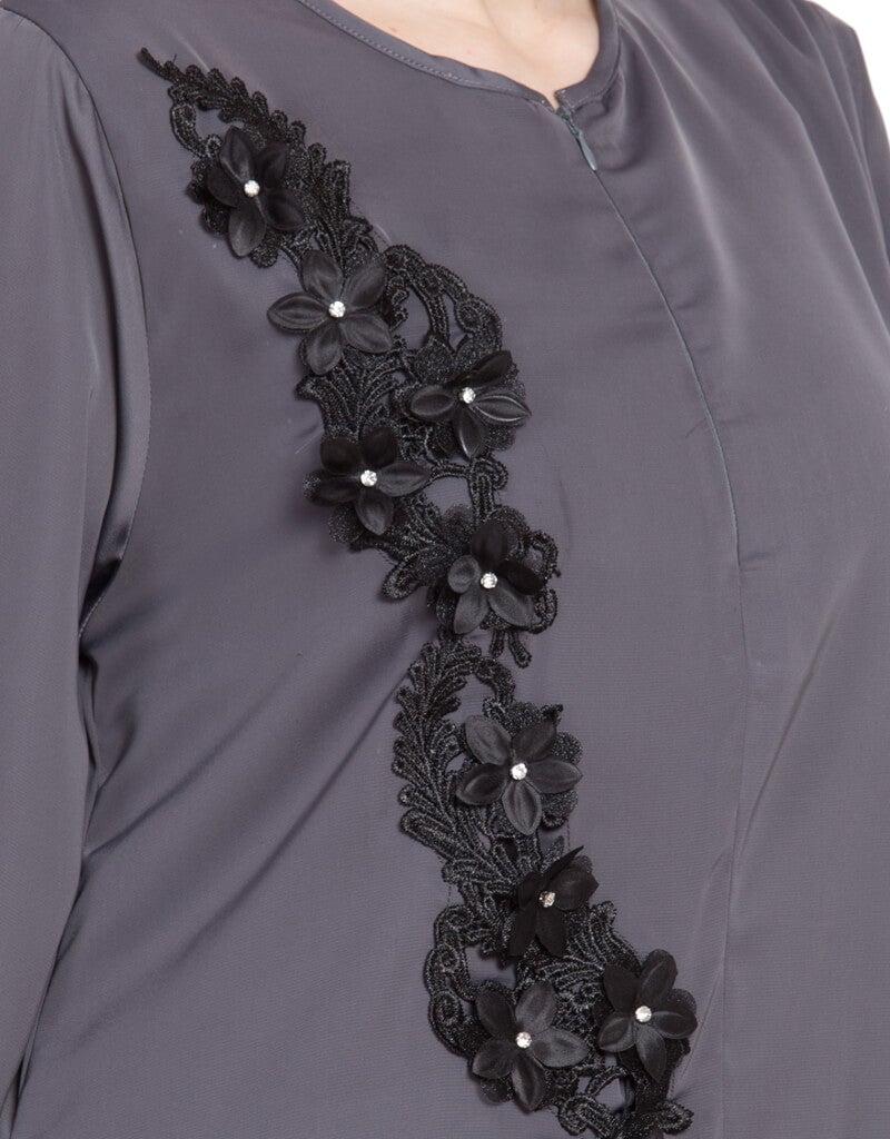 Elegant Arabic Front Zip & Slit Patchwork Nida Abaya in Grey - Perfect for Prayer, Modest Fashion, and Special Occasions