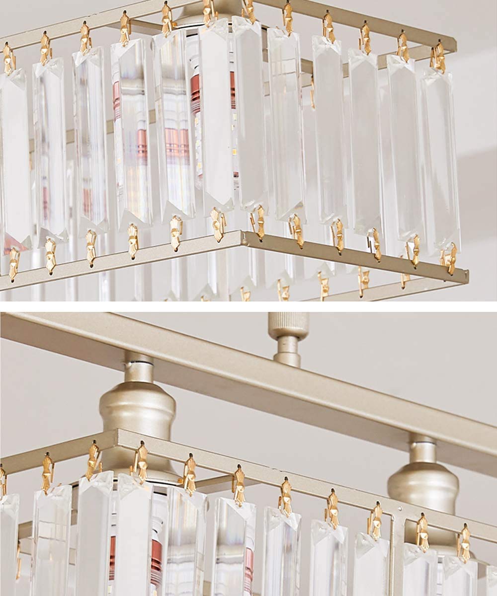 LITFAD Modern Rectangle Pendant Light - 4-Light Gold Metal Chandelier with Clear Crystal LED Hanging Fixture for Living Room, Dining Room, Restaurant & Bar | Elegant Lighting for Home Decor and Commercial Spaces