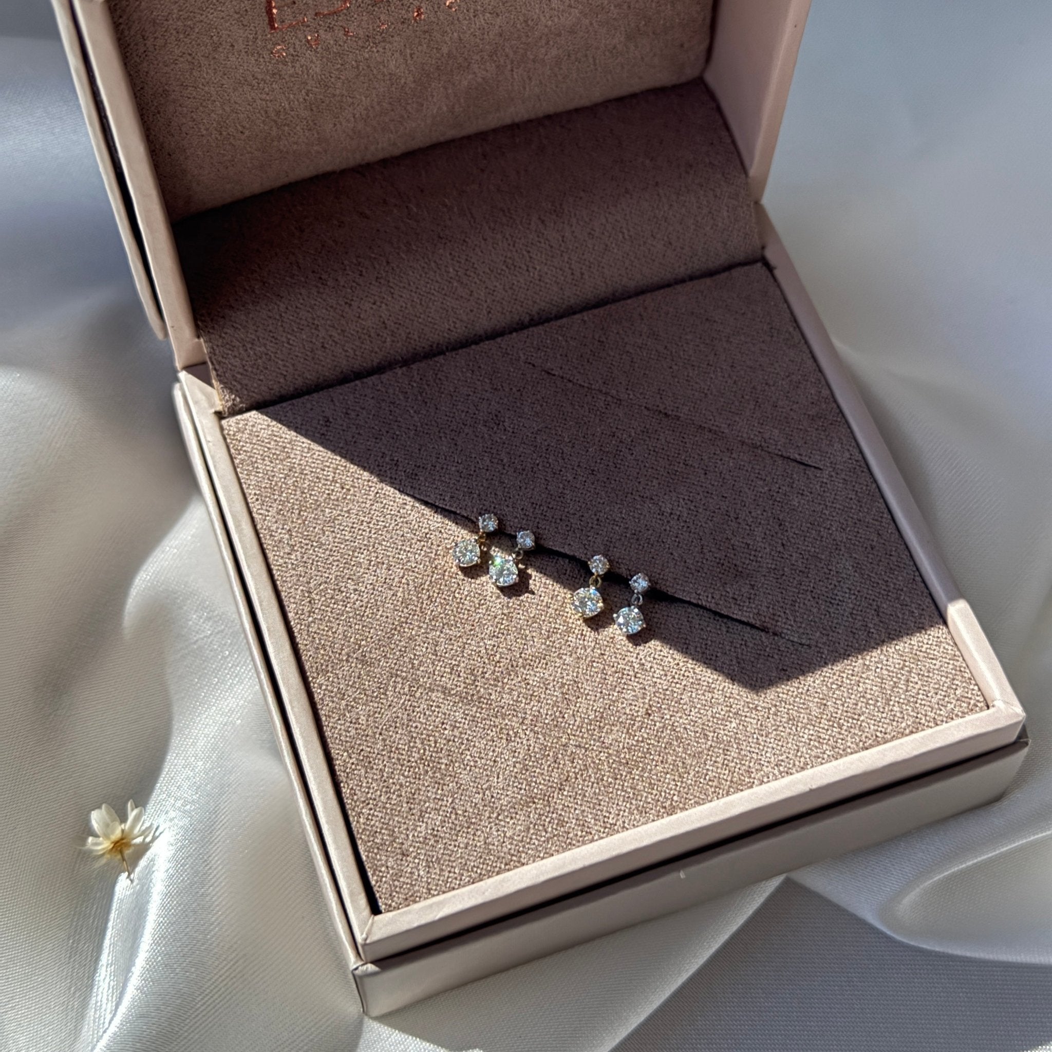 14K Yellow Gold Double Diamond Drop Flat Back Stud Earrings - Elegant & Dainty for Everyday Wear, Parties & Gifts
