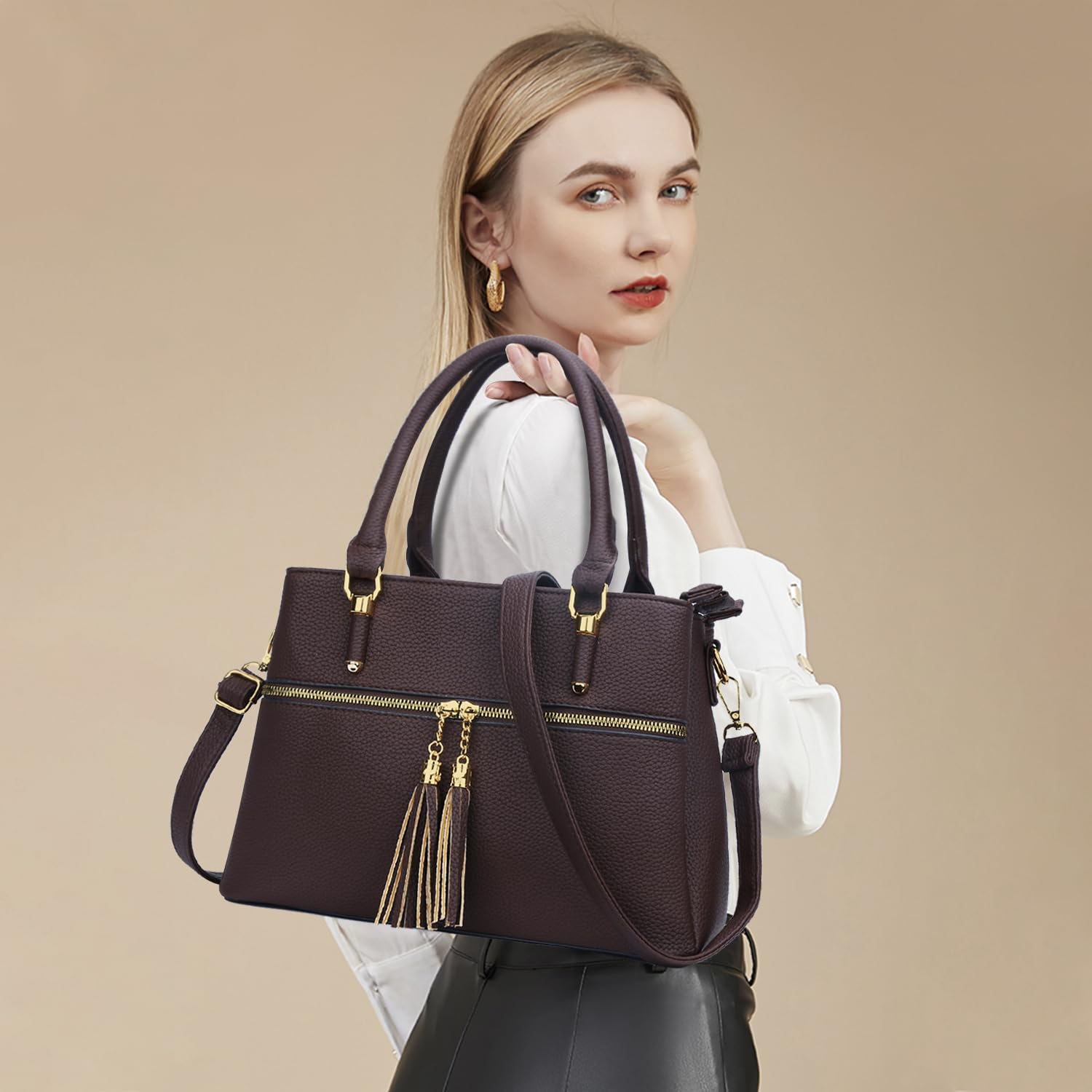 KKXIU Women's Leather Crossbody Bag with Zipper Pockets - Stylish Satchel Shoulder Purse for Work, Travel & Everyday Use