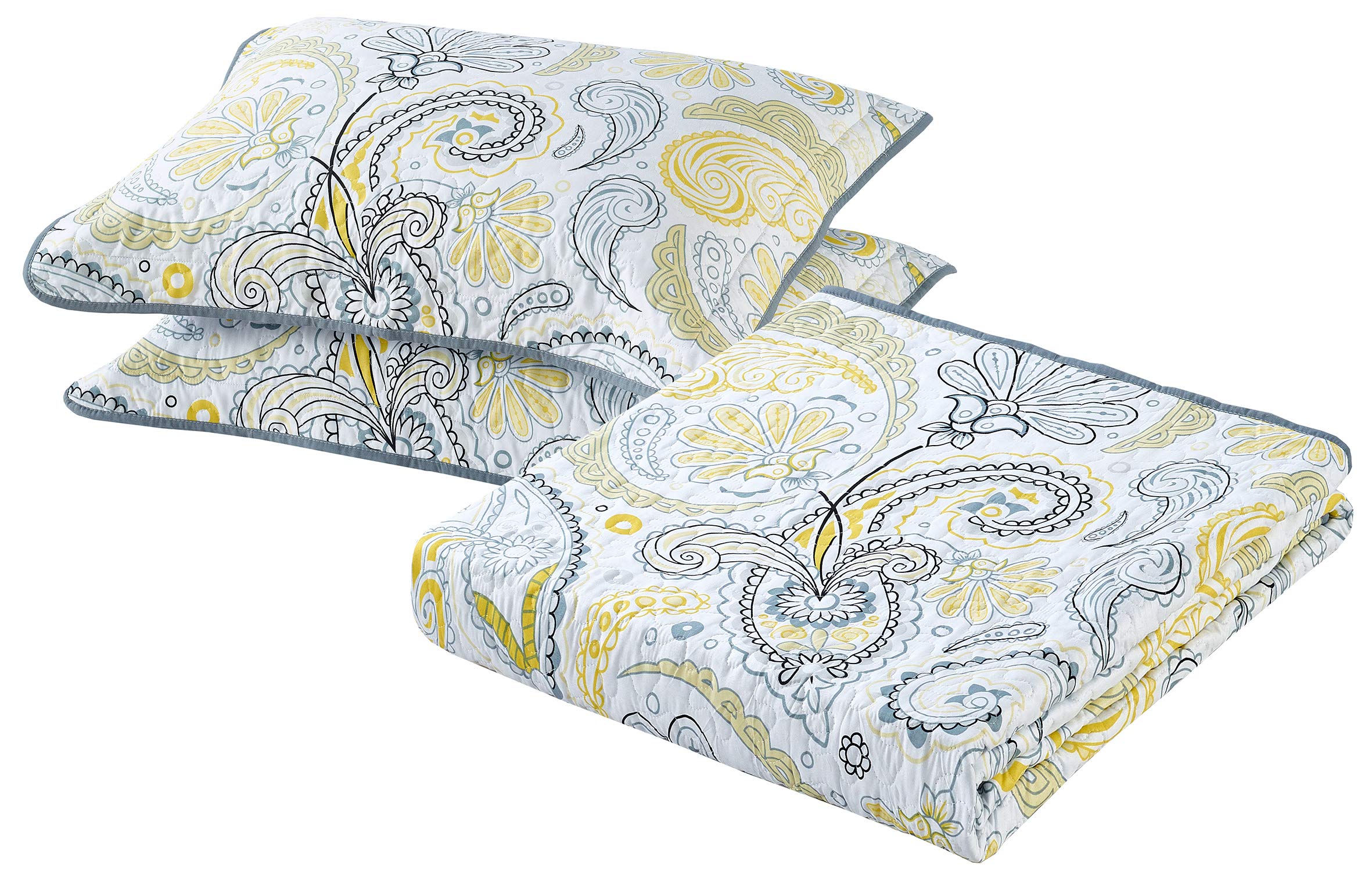Reversible Paisley Bedspread Quilt Set - Twin, Yellow & Grey for Cozy Bedroom Decor