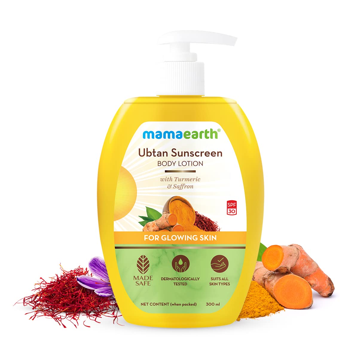 Mamaearth Ubtan Sunscreen Body Lotion SPF 30 with Turmeric & Saffron for Glowing Skin – 300ml | Natural Sun Protection for Face & Body | Daily Moisturizer for Summer & Outdoor Activities