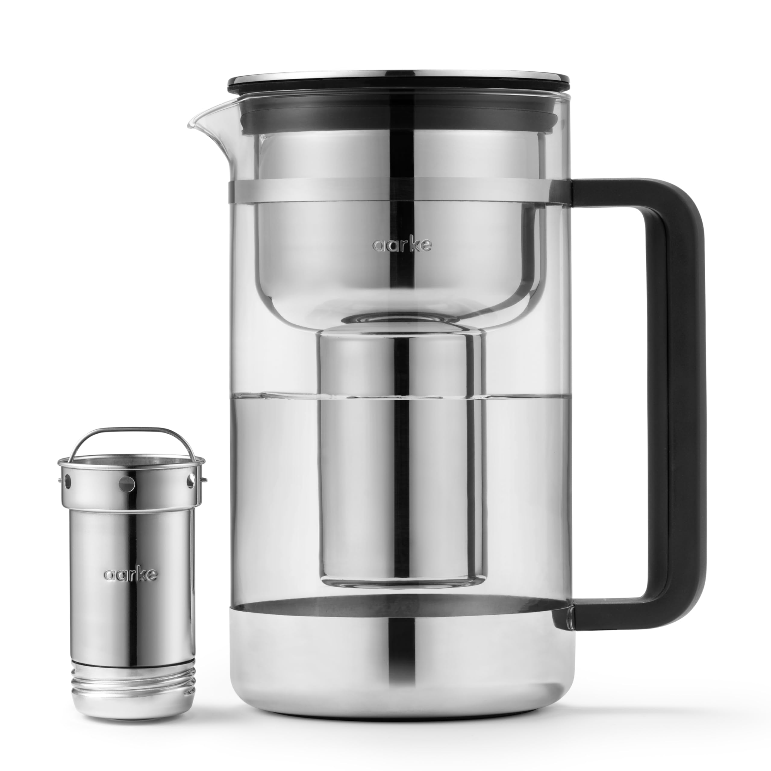 Aarke Premium Glass Water Pitcher with Stainless Steel Filter - 1.66L (7 Cups) BPA-Free, Dishwasher Safe, 8-Week Long-Lasting Performance - Pure & Enriched Refill Granules for Clean, Great-Tasting Water - Perfect for Home, Office & Outdoor Use