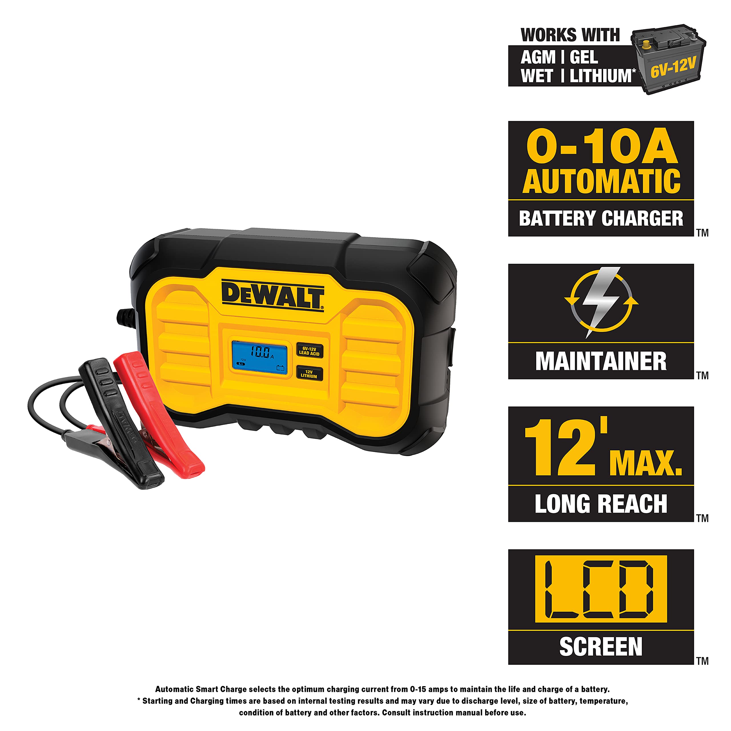 DeWalt DXAEC10 10 Amp Professional Battery Charger & Maintainer - Trickle Charger for Cars, Motorcycles, Boats & Power Equipment - Auto Battery Tender & Desulfator