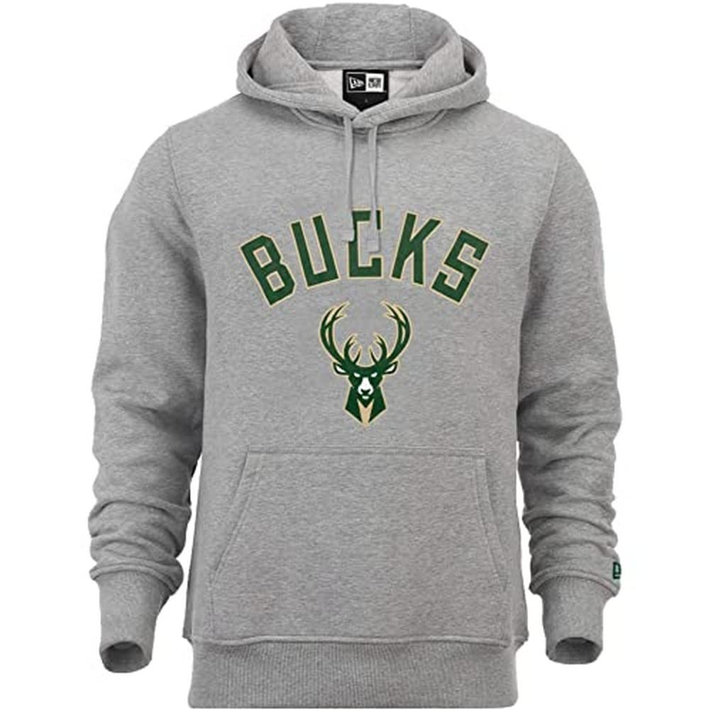 New Era Milwaukee Bucks Team Logo Pullover Hoodie - Men's NBA Basketball Sweatshirt, Grey - Perfect for Game Day & Casual Wear