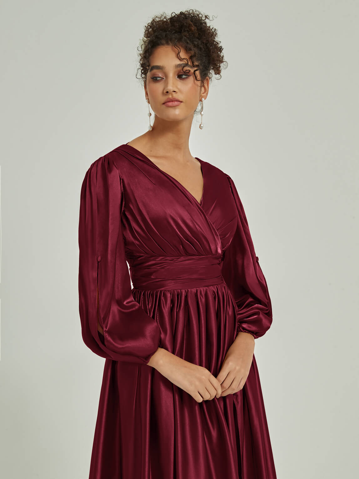 Burgundy 3/4 Sleeve V-Neck Pleated Bridesmaid Dress with Side Slit - Elegant Wedding Party, Formal Occasions & Special Events