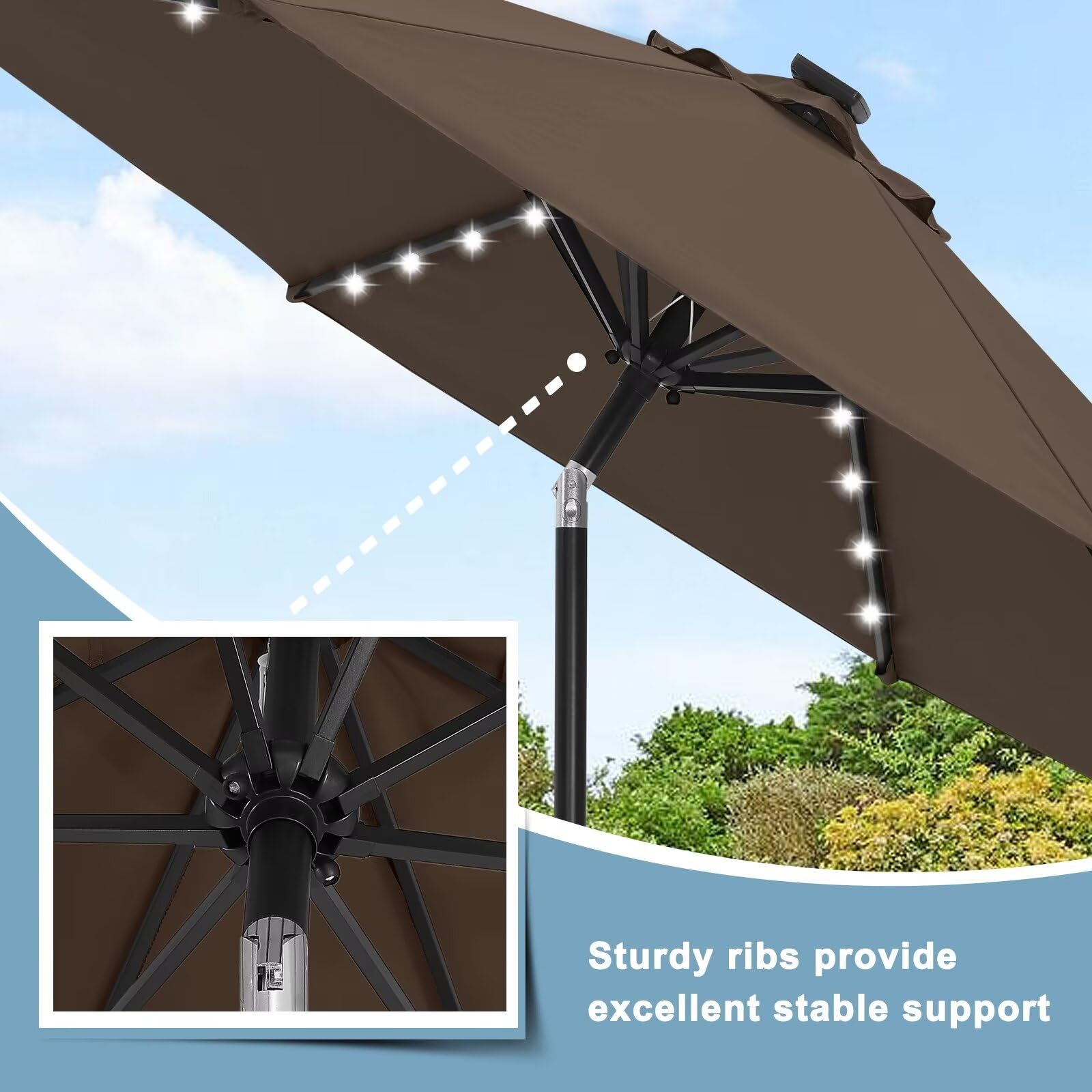 Durable 7.5FT Solar LED Patio Umbrella with 32 LED Lights - Brown Outdoor Canopy for Garden, Poolside & Backyard Relaxation