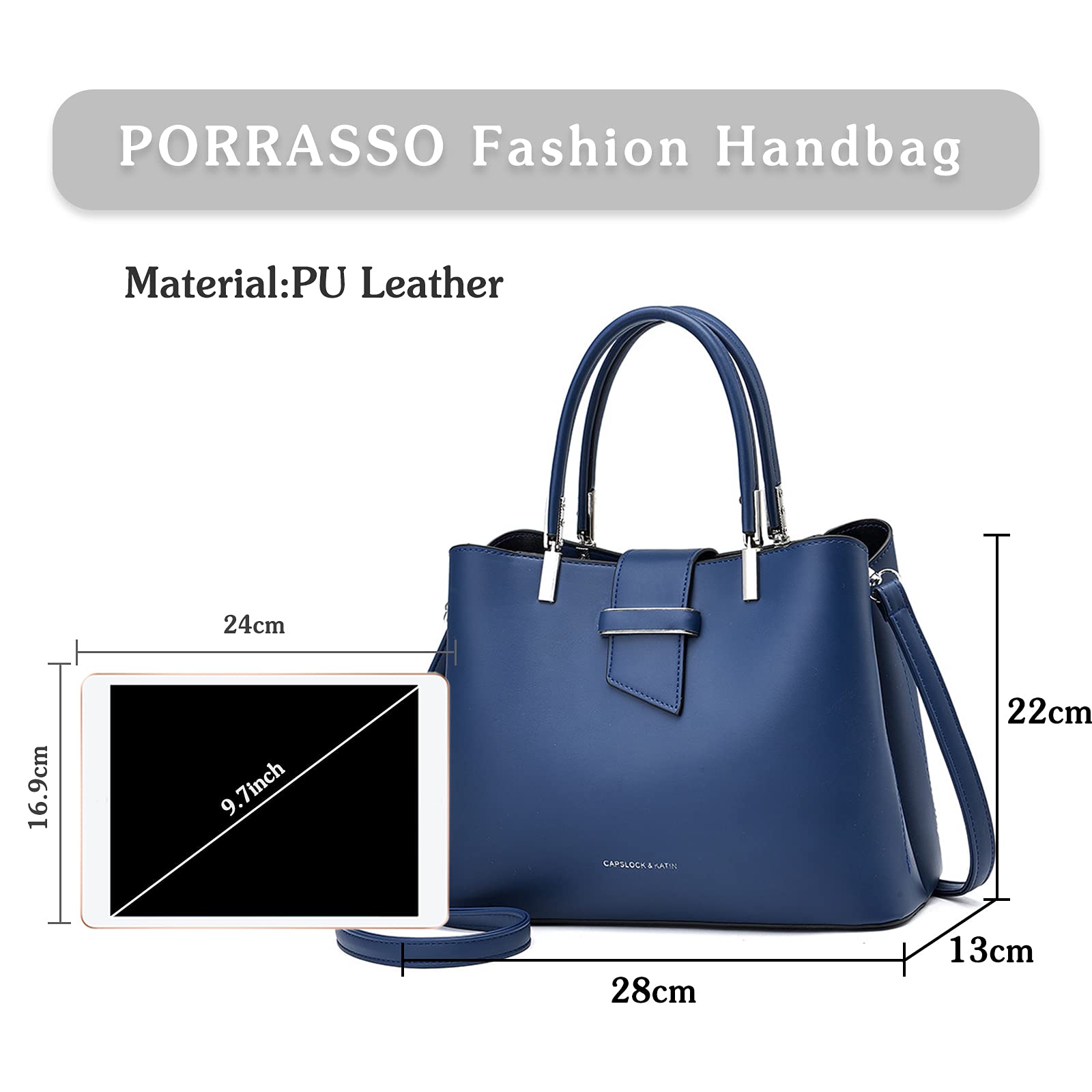 PORRASSO Women's Fashion Handbag - PU Leather Top Handle Satchel, Crossbody Shoulder Tote Purse for Ladies (Blue) | Perfect for Work, Travel & Everyday Use