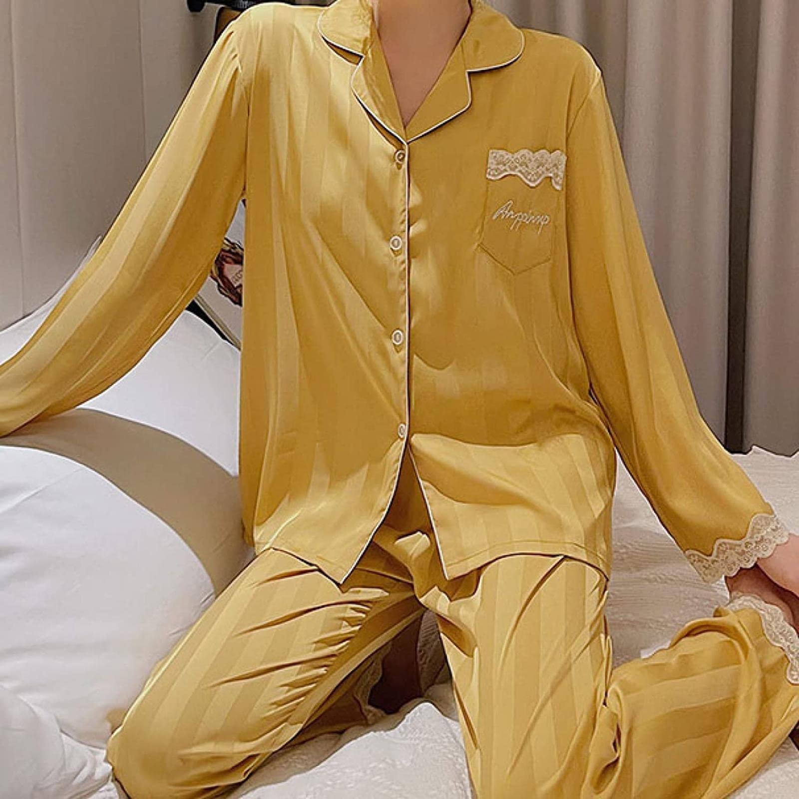 Women's Lace Silk Satin Pajama Set - 2-Piece Long Sleeve Comfortable Sleepwear Loose Fit Button Down PJs for Lounge & Bedtime | Perfect for Relaxing at Home, Gift Giving & Special Occasions