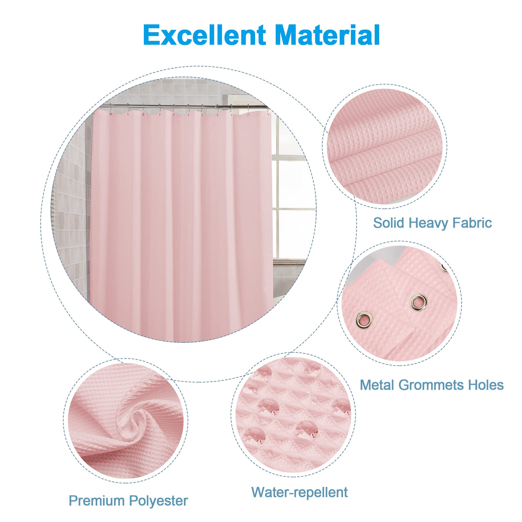 AmazerBath Waffle Weave Shower Curtain - Blush Pink Heavy Duty Hotel Quality Fabric Bathroom Curtain, 72x72 Inches - Perfect for Spa-Like Bathrooms & Luxury Hotel Style Decor