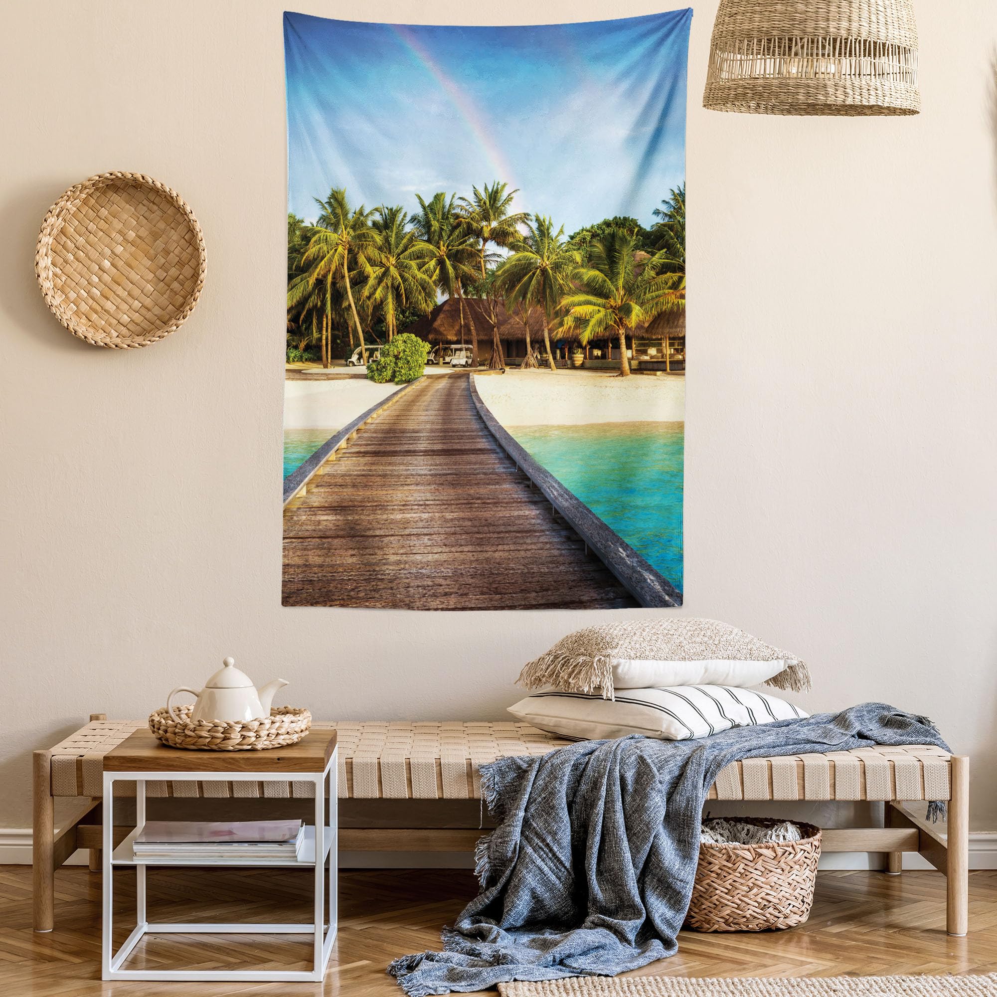 Ambesonne Beach Tapestry Wall Art - Wooden Bridge to Tropical Island with Rainbow Over Palm Trees - 40x60 Inch Brown Green Wall Hanging for Bedroom, Living Room, Dorm Decor - Perfect for Beach House, Boho Room & Vacation Themed Spaces