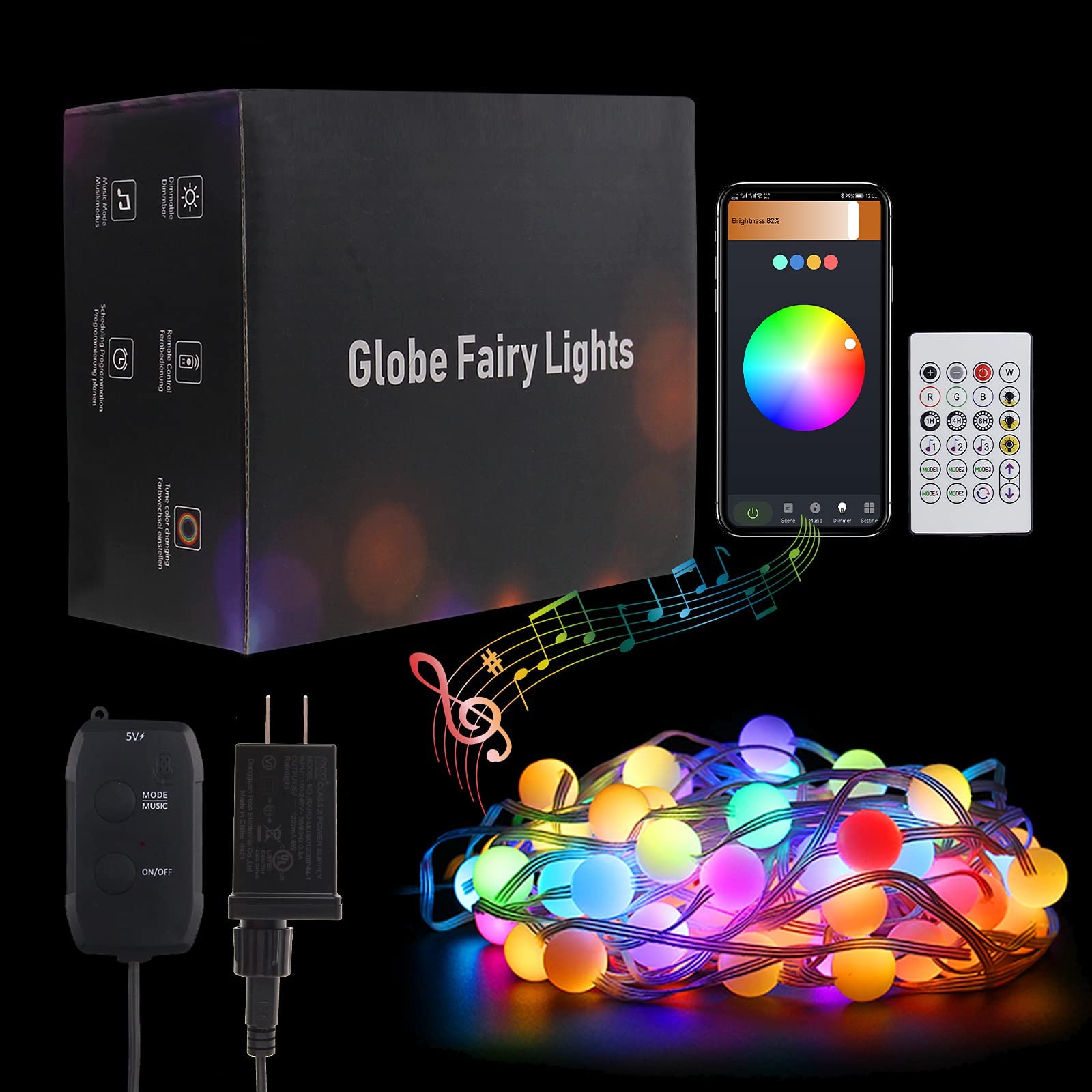 32.8ft Smart Bluetooth LED String Lights with App & Remote Control, IP65 Waterproof Color Changing Ball Lights for Indoor Outdoor Party, Wedding, Christmas Decor - Music Sync & Mood Lighting for Backyard, Garden, Patio