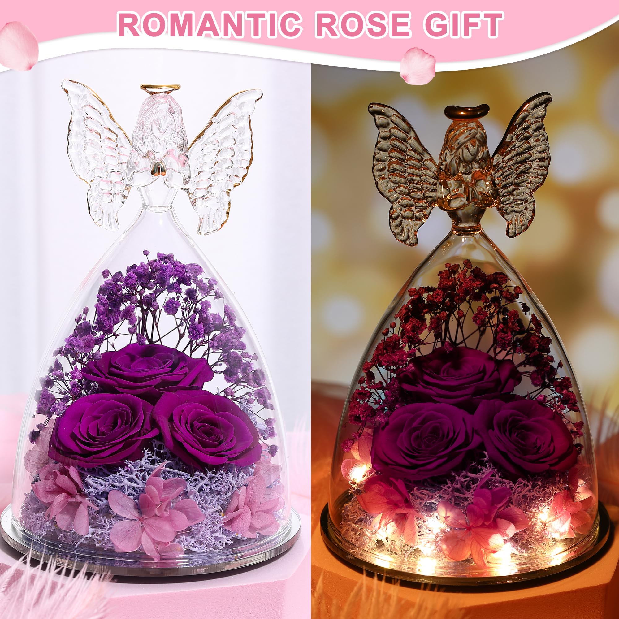 Glass Angel Figurine with 3 Preserved Real Roses - Eternal Keepsake Gift for Women, Mothers Day Present, Home Decor & Spiritual Guardian (Purple)