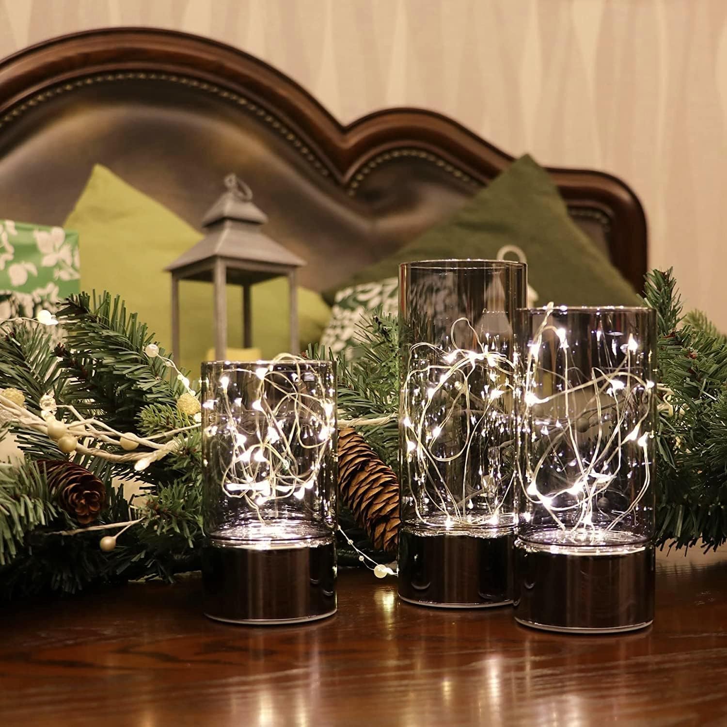 Rhytsing Set of 3 Glass Cylinder Lanterns with Fairy Lights - Decorative Flameless Candle Table Lamp with Timer Function - Perfect for Home Decor, Wedding Centerpieces, and Outdoor Patio Lighting