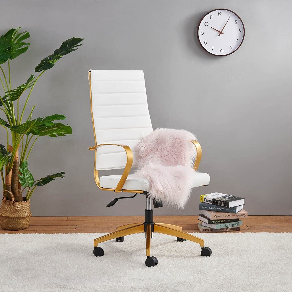 Modern Gold Ergonomic Office Chair with Wheels & Adjustable Arms - High Back Leather Executive Desk Chair for Home & Office - Comfortable Computer Chair for Long Hours (GD-White) - Perfect for Workspaces, Gaming & Conference Rooms