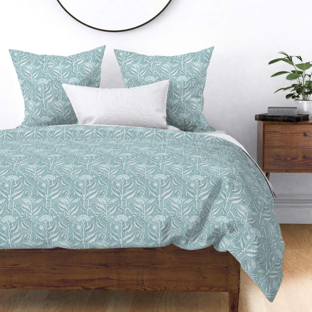 Antique Poppy Floral Cotton Sateen Duvet Cover Twin Size - Light Aquamarine Vintage Print Custom Bedding by Spoonflower | Perfect for Boho Chic Bedroom Decor & Guest Room Styling