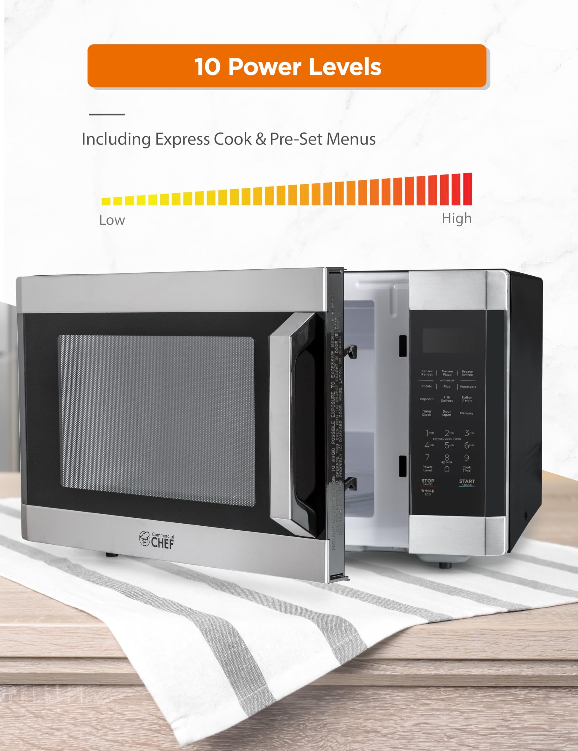 1.6 Cu Ft Commercial Chef Microwave Oven - 1100W, 10 Power Levels, Child Safety Lock, Digital Control Panel, Stainless Steel - Perfect for Small Kitchens, Dorms, Offices & RVs