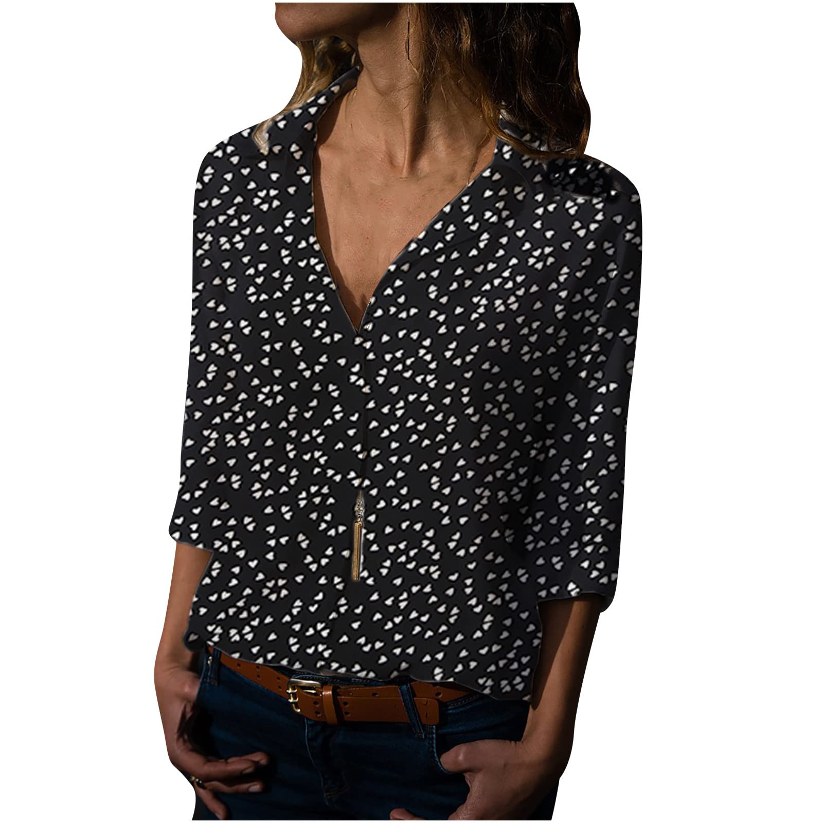 Women's Slim Fit V-Neck Long Sleeve Blouse with Heart Print - Sexy Button Down Shirt for Work, Date Night & Casual Wear