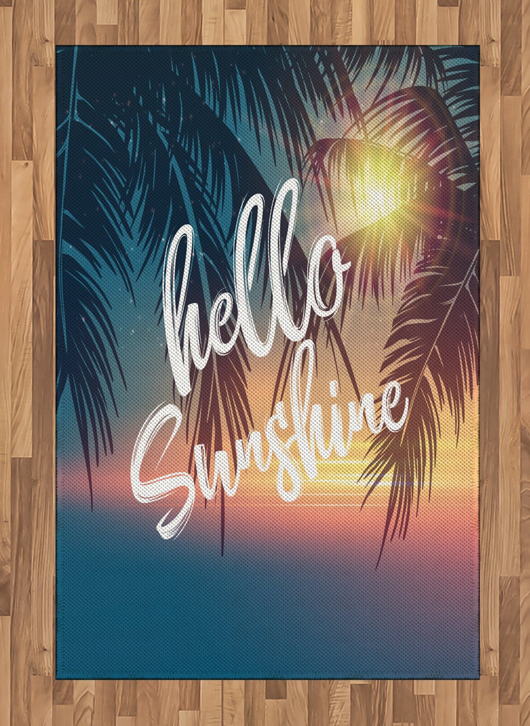 Ambesonne Hello Sunshine Tropical Beach Area Rug - Abstract Sunset & Palm Trees Design, 4' x 5.7' Flat Woven Accent Rug for Living Room, Bedroom, Dining Room - Rainbow Colors | Perfect for Beach House Decor, Summer Vibes & Boho Home Styling