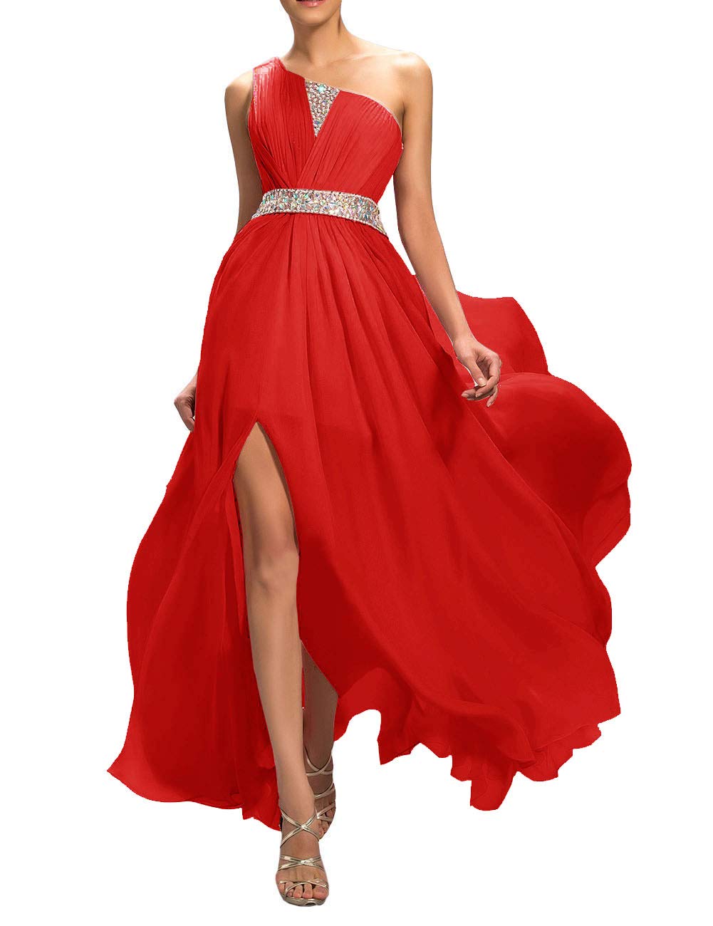 Elegant One Shoulder Beaded Prom Dress for Women - Long Formal Evening Gown with High Slit | Perfect for Homecoming, Prom Night & Black Tie Events