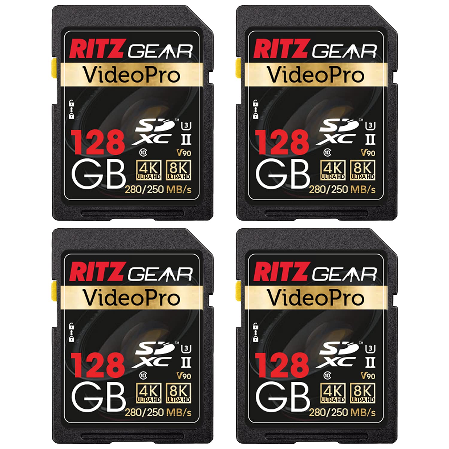 Ritz Gear 128GB SDXC UHS-II Memory Card - C10 U3 V90 - High Speed SD Card for DSLR Cameras, 8K & 4K Video Recording, Full HD Photography - Perfect for Professional Videography, Action Cameras & Drone Footage (4 Pack)