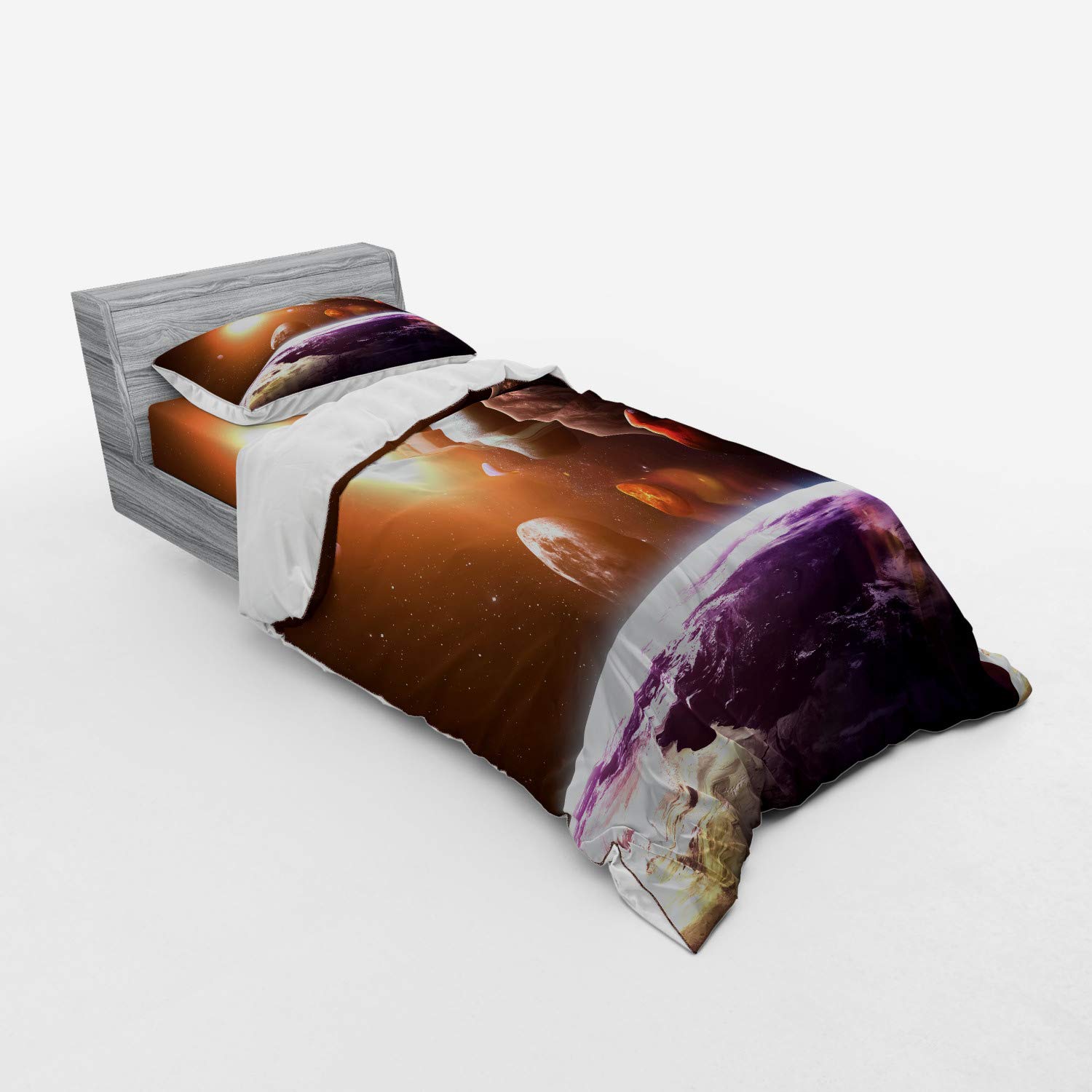 Ambesonne Galaxy Bedding Set 3-Piece - Space Themed Duvet Cover with Sham & Fitted Sheet, Twin Size, Magenta Orange - Planets, Sun & Moon Design for Science & Astronomy Lovers - Perfect for Kids' Rooms, Dorm Decor & Space-Themed Bedrooms