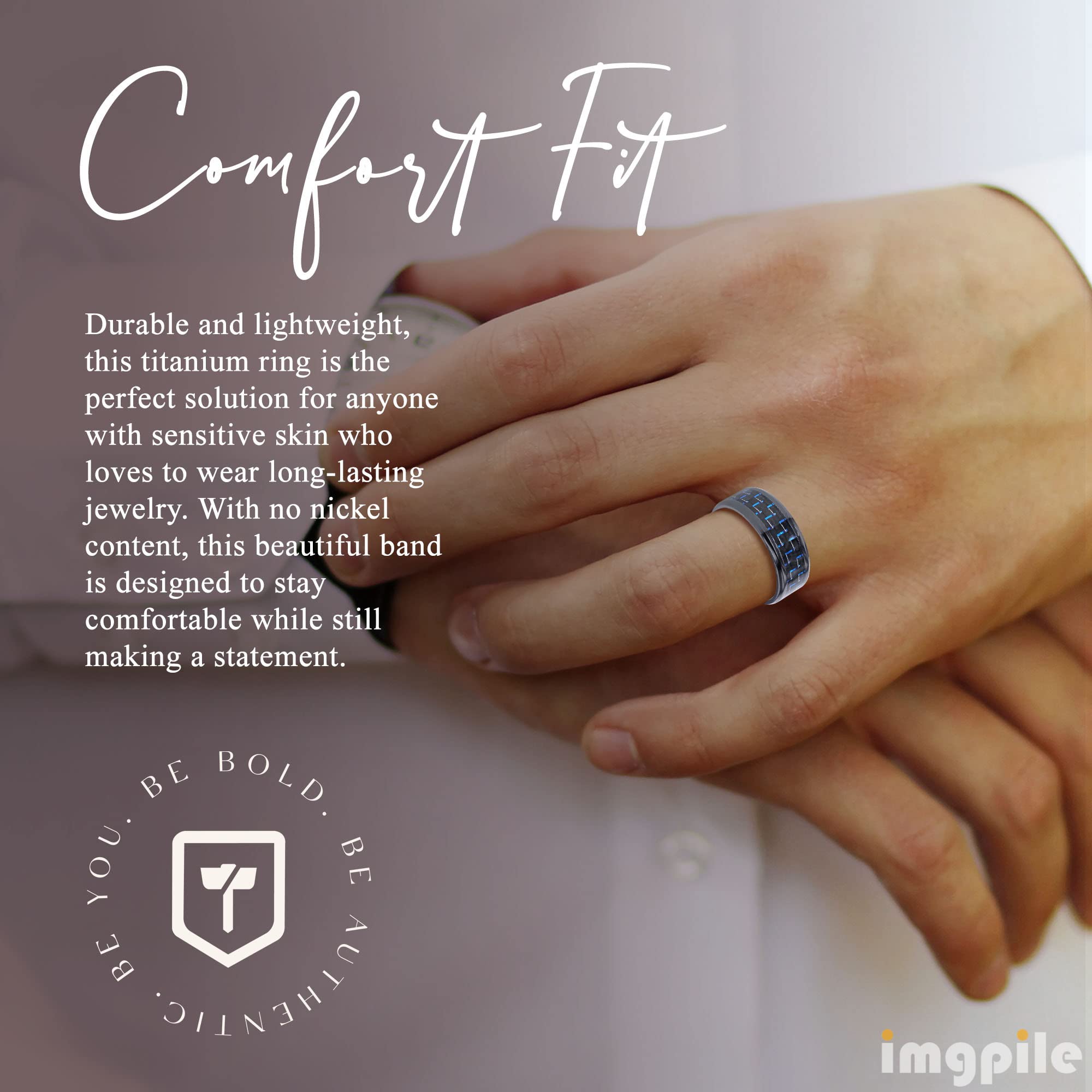 Zayden Men's Titanium Ring - Lightweight Comfort Fit Black Titanium Band with Blue & Black Carbon Fiber Inlay, 8mm Width - Perfect for Weddings, Engagements, and Everyday Wear