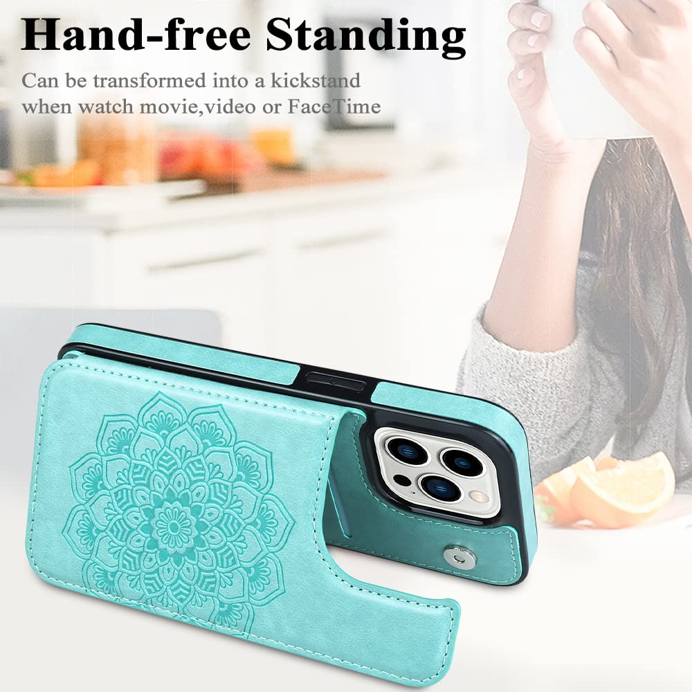MMHUO Magnetic Wallet Case for iPhone 14 Pro - Flower Design Flip Cover with Card Holder & Strong Protection | Slim Protective Phone Case for Women | Perfect for Everyday Use, Travel & Shopping (Mint Green)