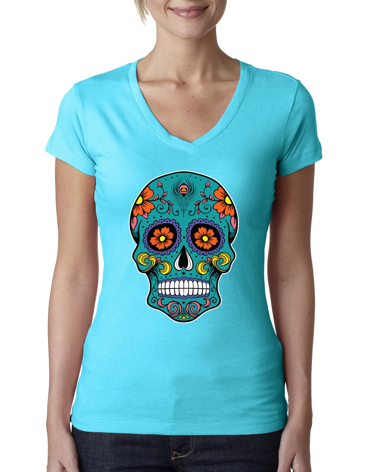 Day of The Dead Sugar Skull Women's V-Neck T-Shirt | Mexican Culture Inspired Tee | Junior Fit Casual Top for Halloween, Dia de Muertos & Festival Outfits