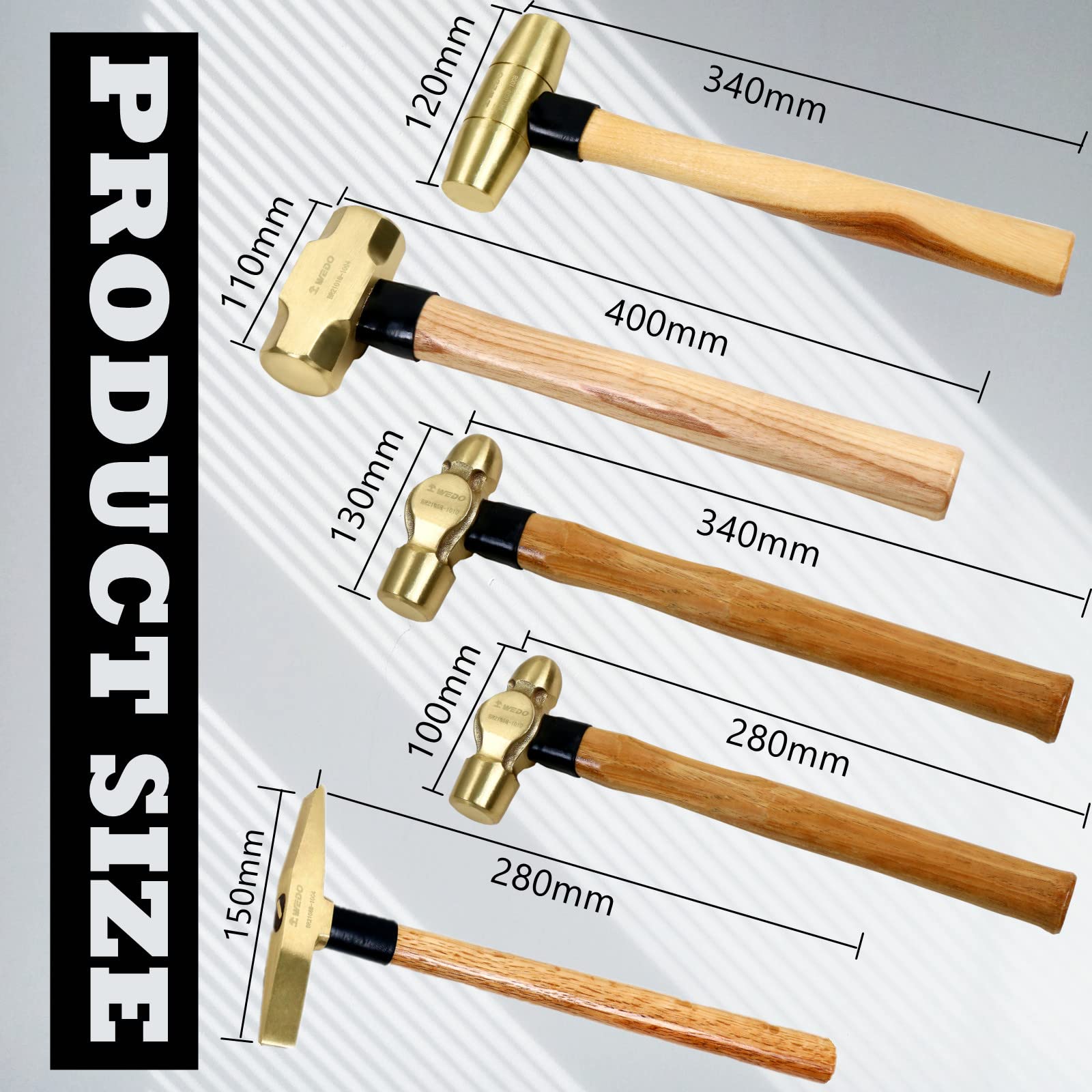 WEDO 5-Piece Professional Hammer Set with Wooden Handle - 3lb Sledge Hammer, 1.5lb Drum Hammer, 1lb & 2lb Ball Pein Hammers, 0.7lb Scaling Hammer - Perfect for Construction, Woodworking, Metalworking & DIY Home Projects