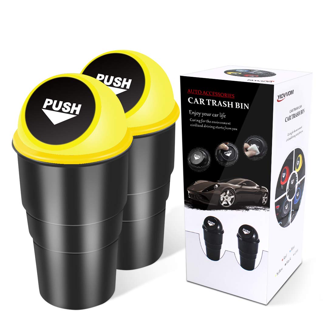 Leakproof Car Garbage Can with Lid - 2 Pack Small Trash Bin for Vehicle Cup Holder, Automotive, Office, Home, Kitchen & Bedroom - Perfect for Road Trips, Commuting & Organization (Double Yellow)