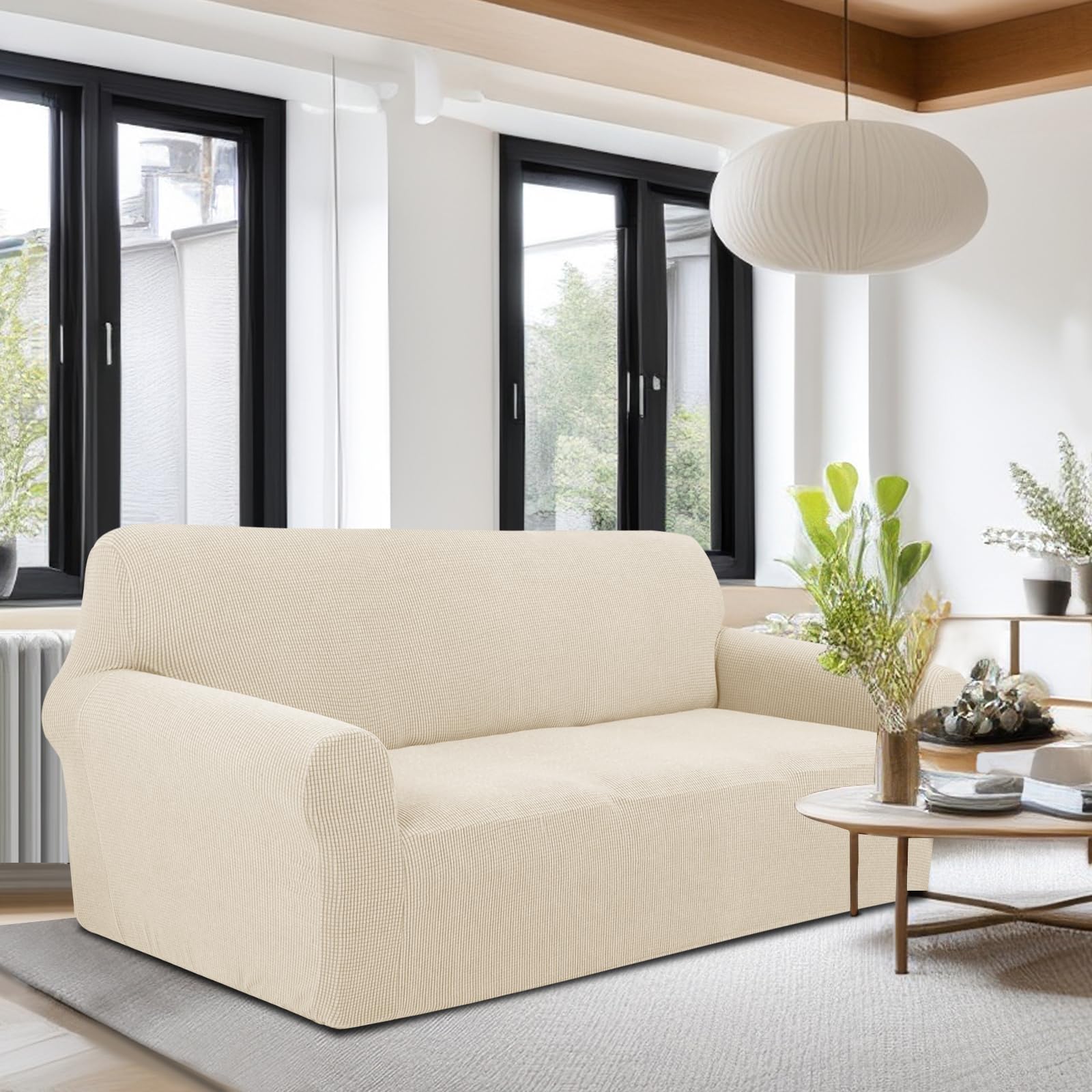 U-NICE HOME Stretch Couch Cover - Sofa Slipcover for 4 Cushion Couch, Furniture Protector, Pet Friendly, Oversized Sofa Cover in Beige - Perfect for Living Room, Family Room & Pet Owners