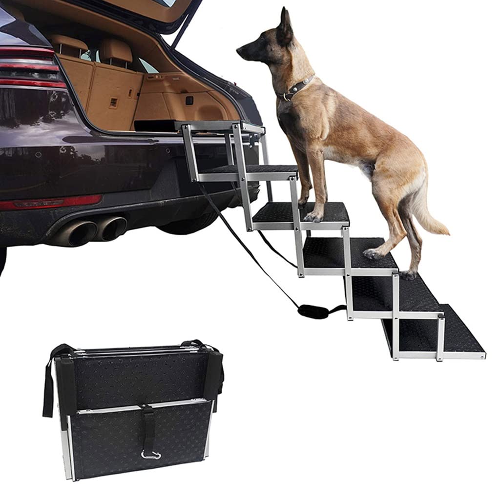 Aluminum Folding Dog Ramp - 6 Step Portable Pet Stairs for Large Dogs, Cars, Trucks & SUVs | Lightweight Dog Ladder for High Beds & Vehicles (80x105cm, Black) - Perfect for Elderly Pets & Post-Surgery Recovery