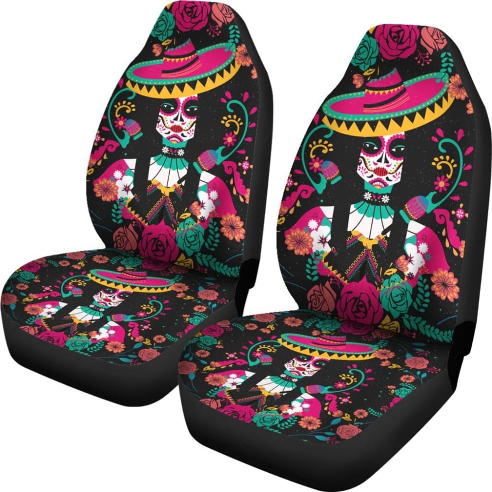 2 Pcs Sugar Skull Car Seat Covers - Premium Universal Fit for Cars, Trucks & SUVs - Day of the Dead Design - Protect Your Seats in Style - Perfect for Halloween, Dia de los Muertos & Mexican Themed Decor