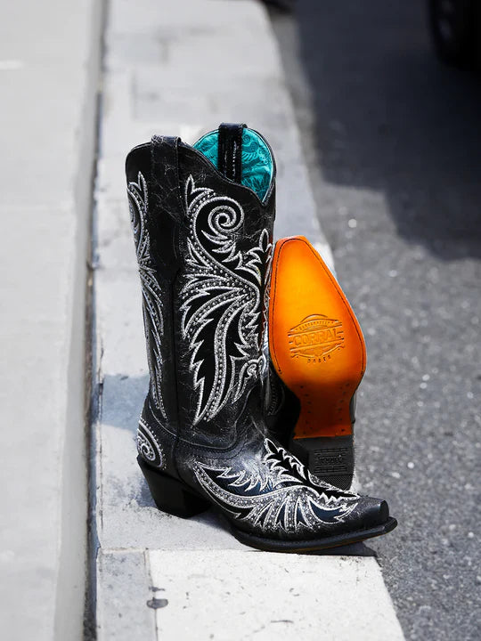 Z5209 Women's White Embroidered Cowboy Boots with Black Overlay & Studs - Stylish Western Boots for Country Dancing, Rodeo & Casual Wear