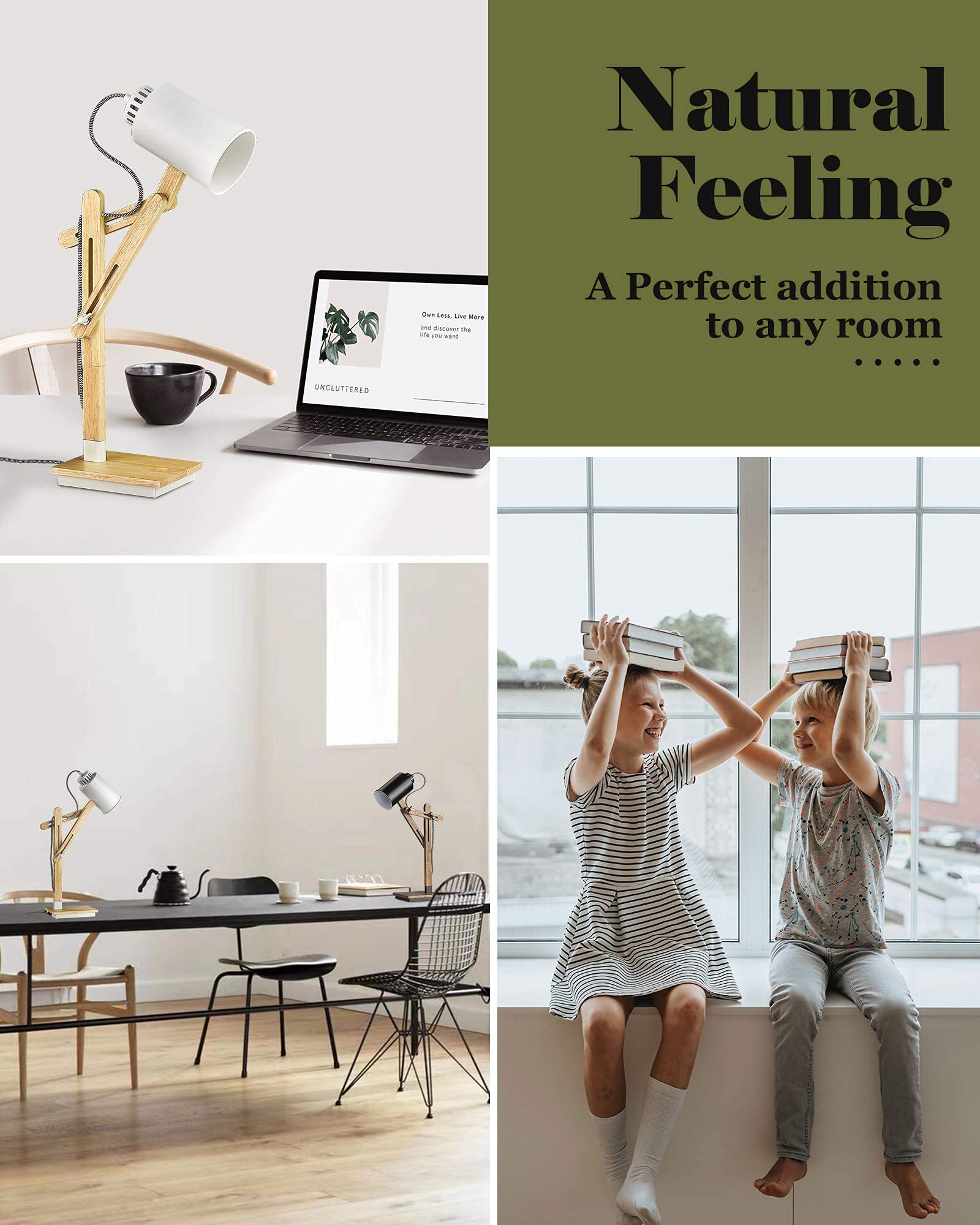 ELYONA Wireless Charging Desk Lamp with USB Port - Touch Control Adjustable Swing Arm Table Lamp for Office, Dorm, Bedroom & Living Room - Natural Rubber Wood Base with Included Bulb - Perfect for Reading, Working & Nightstand Lighting