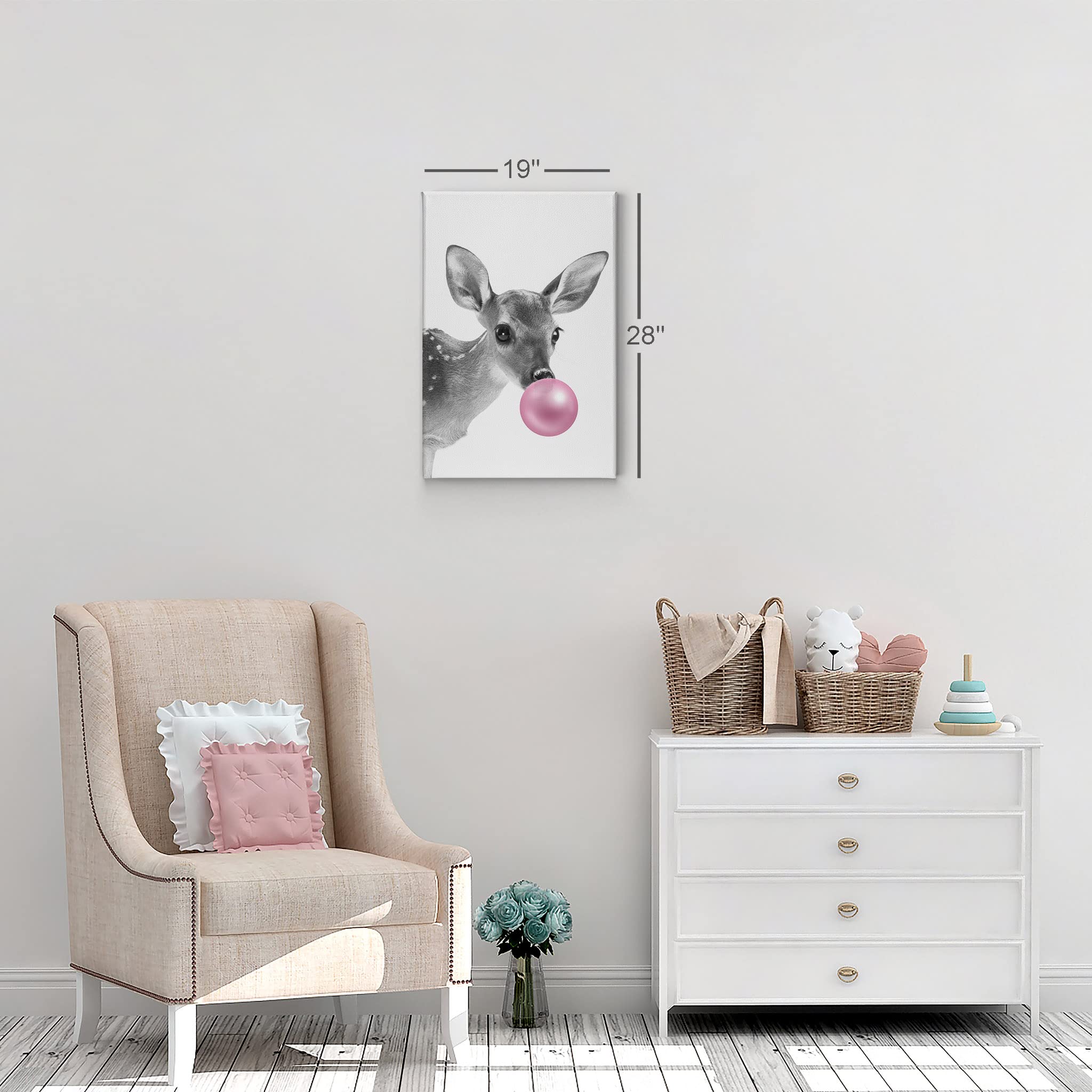 Smile Art Design Baby Deer Animal Decor Bubble Gum Pink Canvas Print - Black and White Wall Art for Nursery, Kids Room Decor - Stretched & Ready to Hang (40x30 inches) - Perfect for Baby Showers, Birthday Gifts & Home Decoration - Made in USA