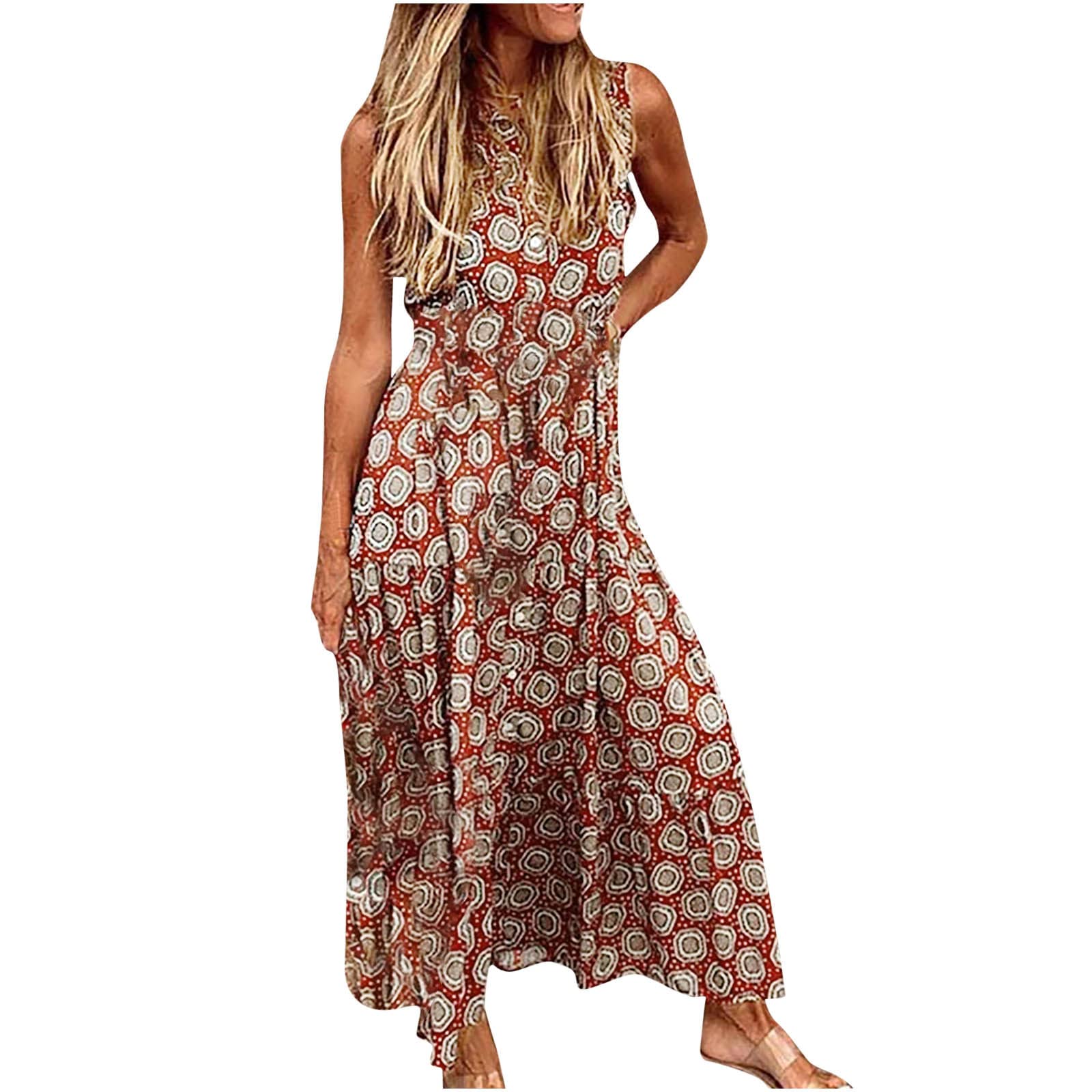 Floral Maxi Dresses for Women - Summer Sleeveless Button Down Tiered Pleated Beach Dress | Casual Sundress for Vacation, Wedding Guest & Outdoor Parties
