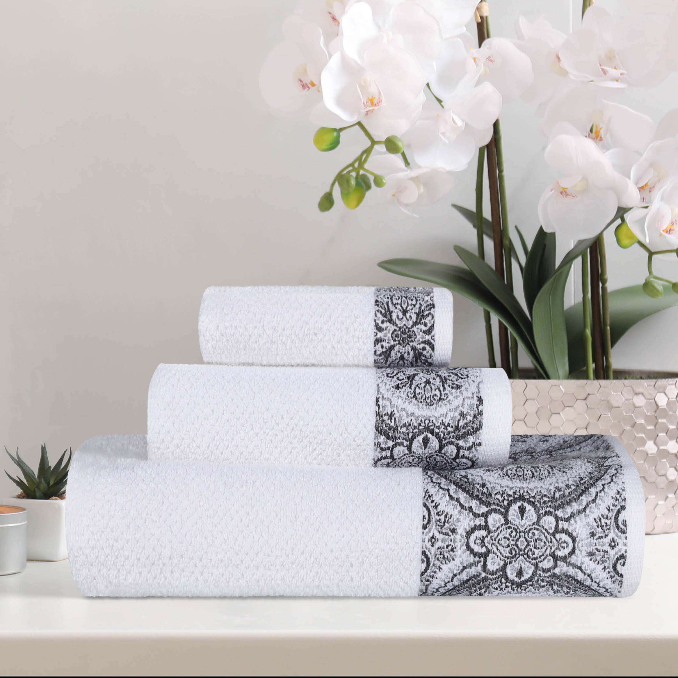 Premium Medallion Cotton Jacquard Textured 3-Piece Bath Towel Set - Soft & Absorbent Luxury Towels for Spa, Bathroom & Guest Use
