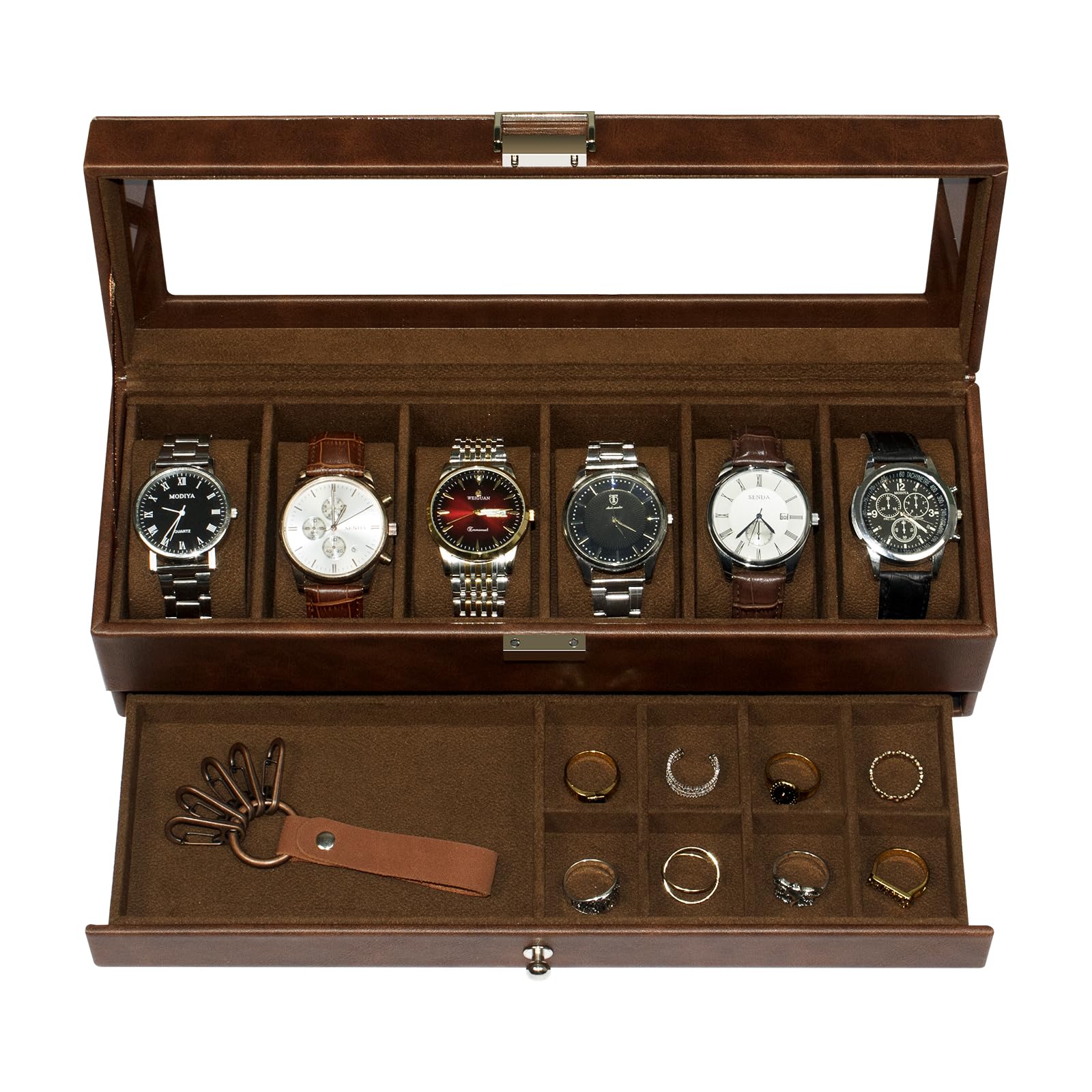 Premium 6-Compartment Watch Box with Glass Lid & Drawers - 2-Tier Jewelry & Watch Organizer for Men & Women - Perfect for Display, Storage & Travel