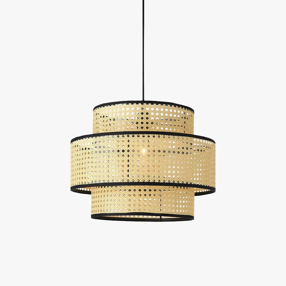 Rattan Double Layer Cylindrical Pendant Light - Natural Woven Hanging Lamp for Dining Room, Kitchen Island & Bedroom Lighting
