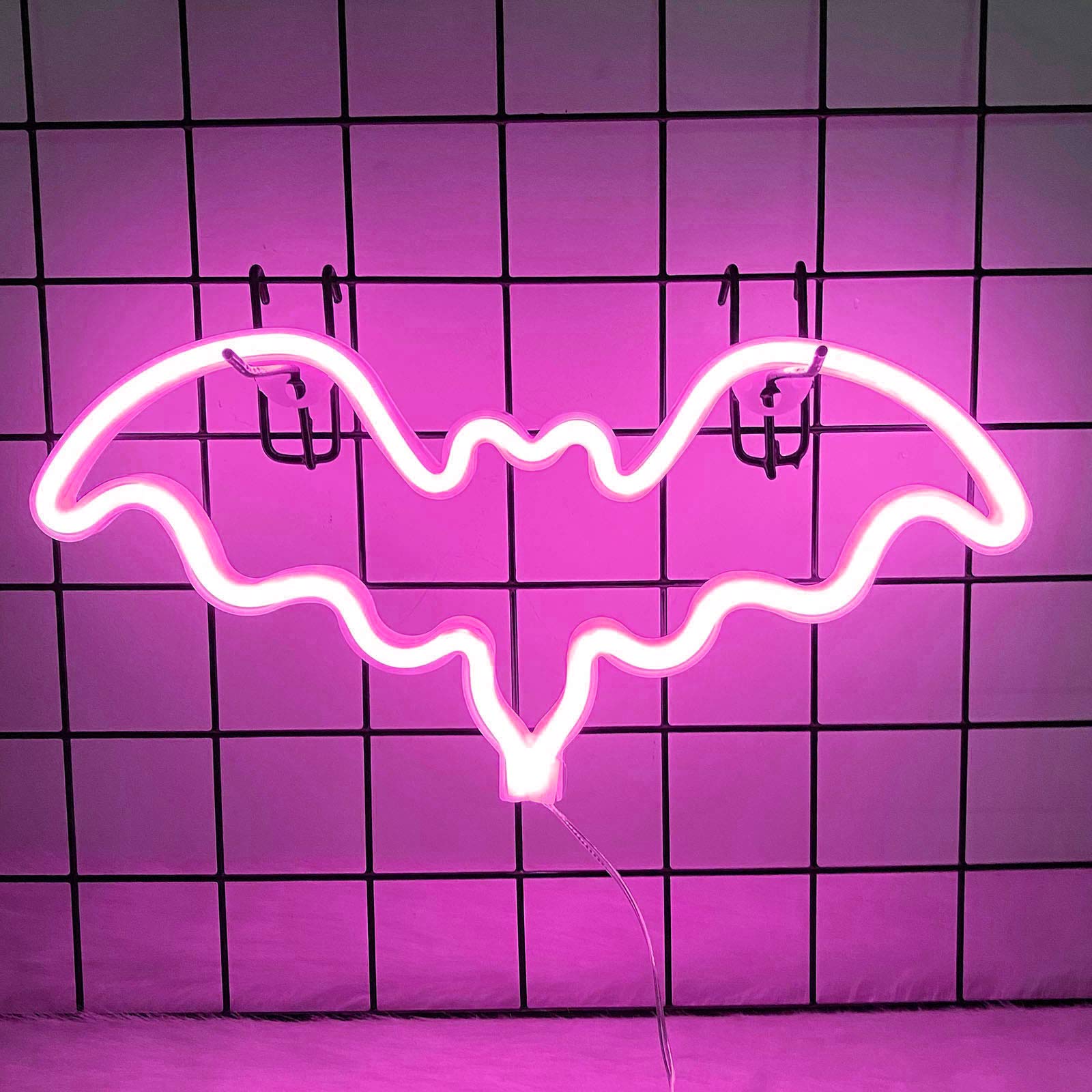 ENUOLI Pink Neon Light Bat Sign - USB/Battery Powered LED Wall Art Decor for Kids Bedroom, Christmas Party & Bar - Unique Night Light for Home, Game Room & Halloween Decorations