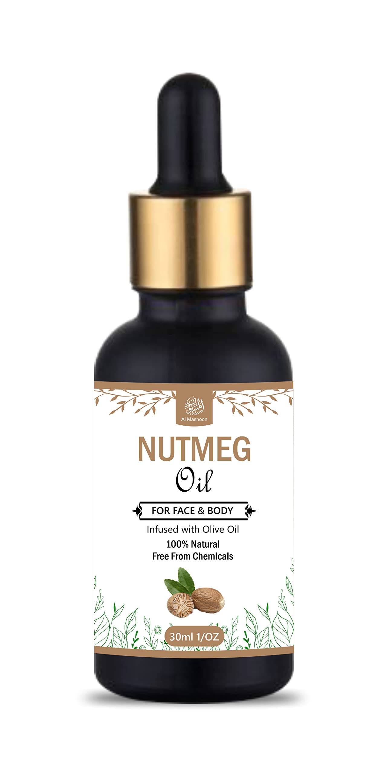 Premium 100% Natural Nutmeg Oil (Jaifal Oil) Infused with Olive Oil - 30ml Bottle for Facial Care & Body Massage | Hydrates Skin, Reduces Inflammation | Perfect for Aromatherapy & Relaxation