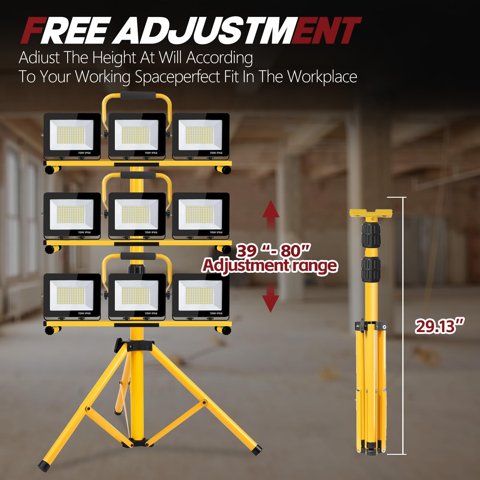 22000 Lumen LED Work Light with Adjustable Tripod Stand - 3 Head Waterproof Workshop Light, 6500K Daylight White, Foldable Design for Construction, Garage, and Outdoor Repair Projects