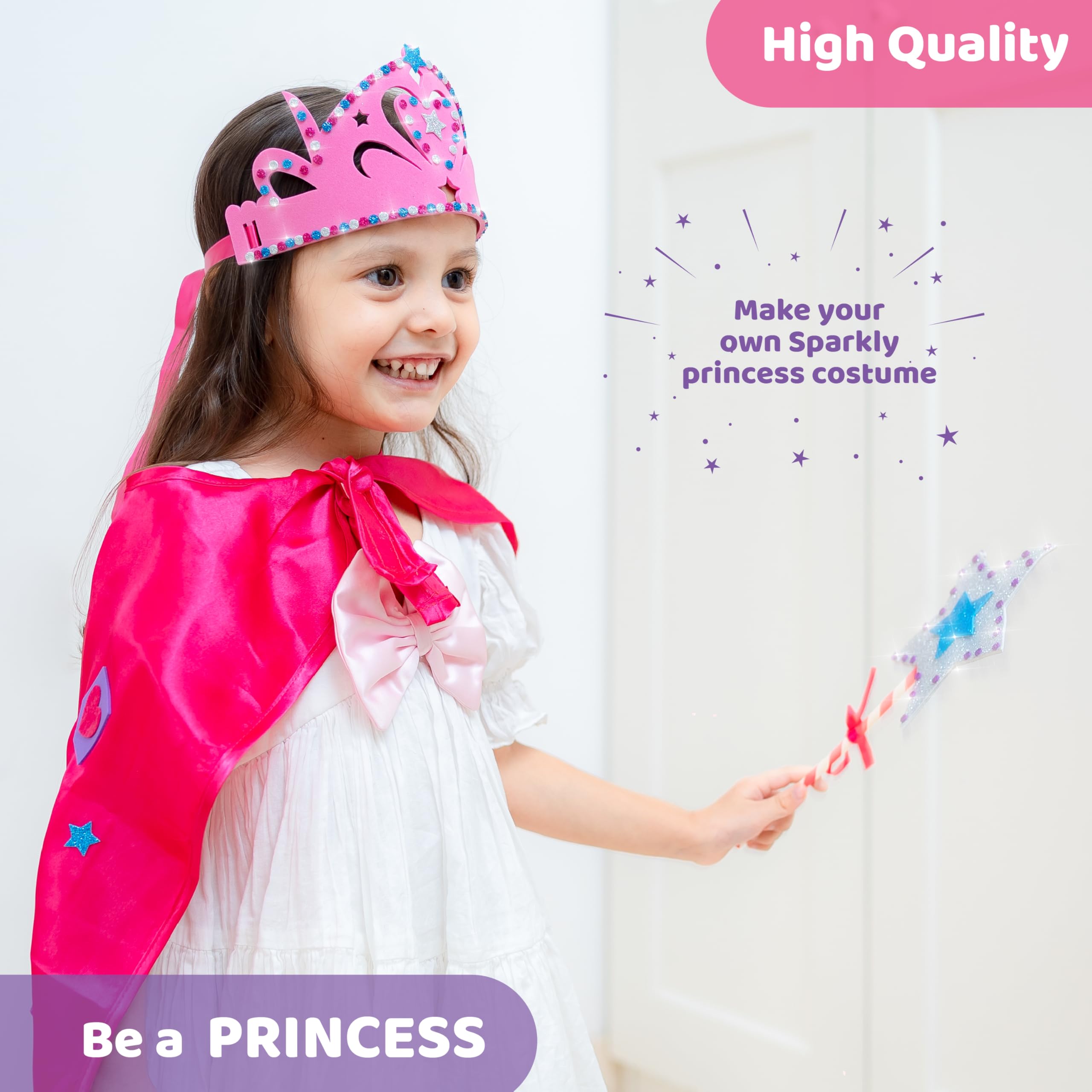 Princess Themed Arts and Crafts Kit for Girls - DIY Cape, Tiara & Wand Set | Best Birthday Gift for Ages 5-8 | 3-in-1 Creative Craft Projects | Perfect for Dress-Up, Pretend Play & Party Favors