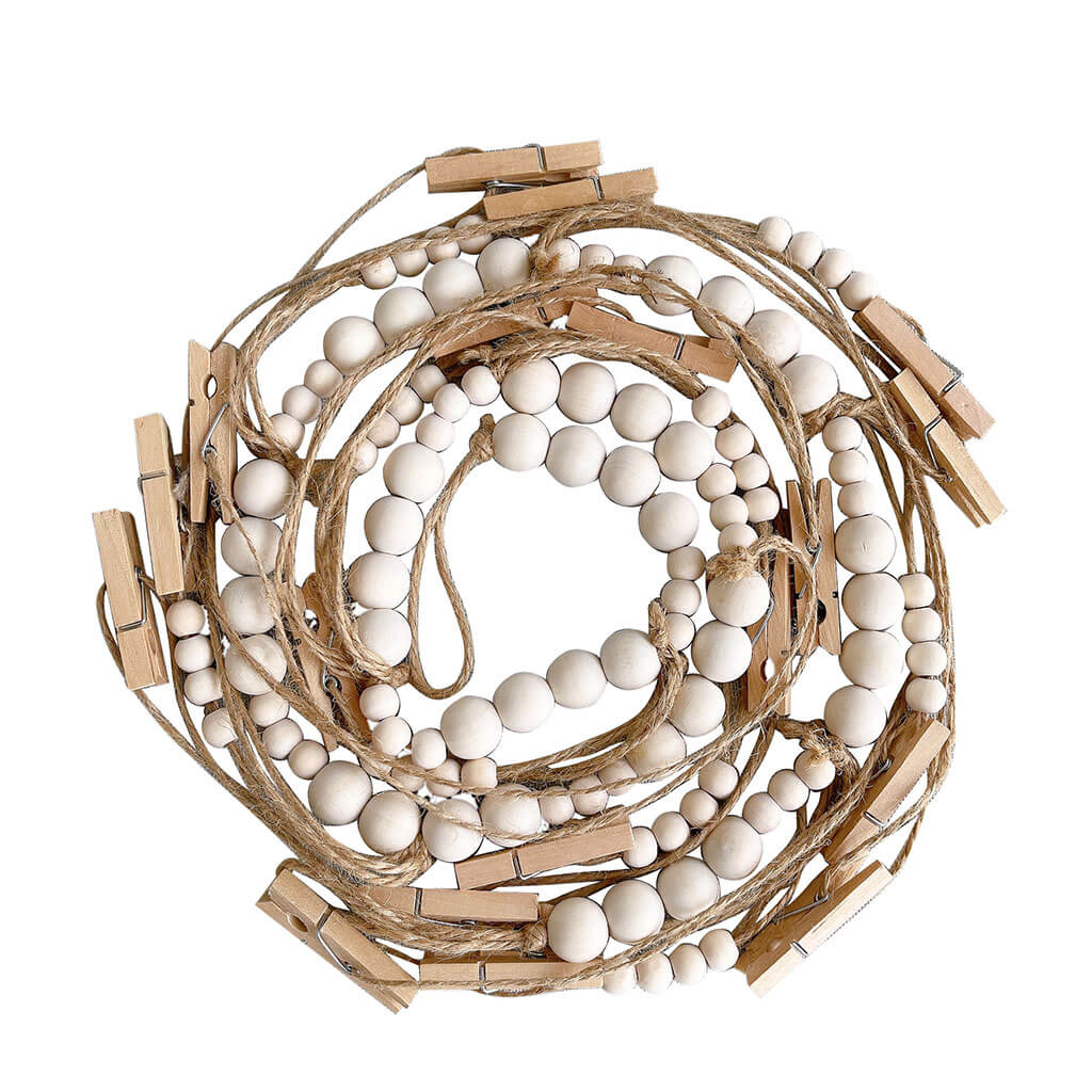 Wooden Beads Photo Display - Natural Wood Photo Clips for Hanging Pictures, DIY Wall Decor, Nursery & Home Decoration - Perfect for Baby Showers, Weddings and Memory Walls