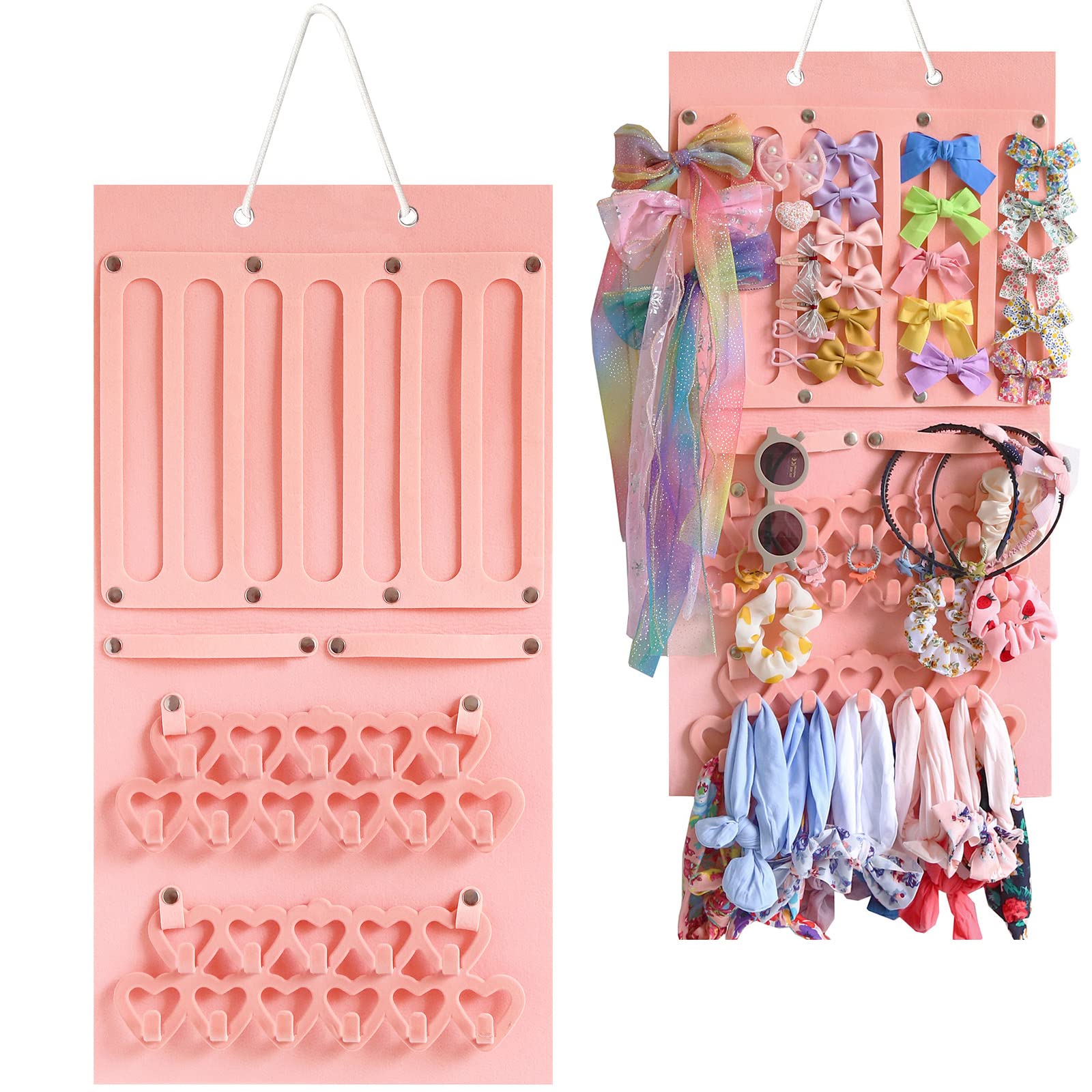 Pink Felt Wall Hanging Jewelry Organizer with Detachable Hooks - Display Board for Earrings, Necklaces, Hair Clips & Headbands - Space Saving Girls Bedroom Decor for Dorm, Bathroom & Closet Organization